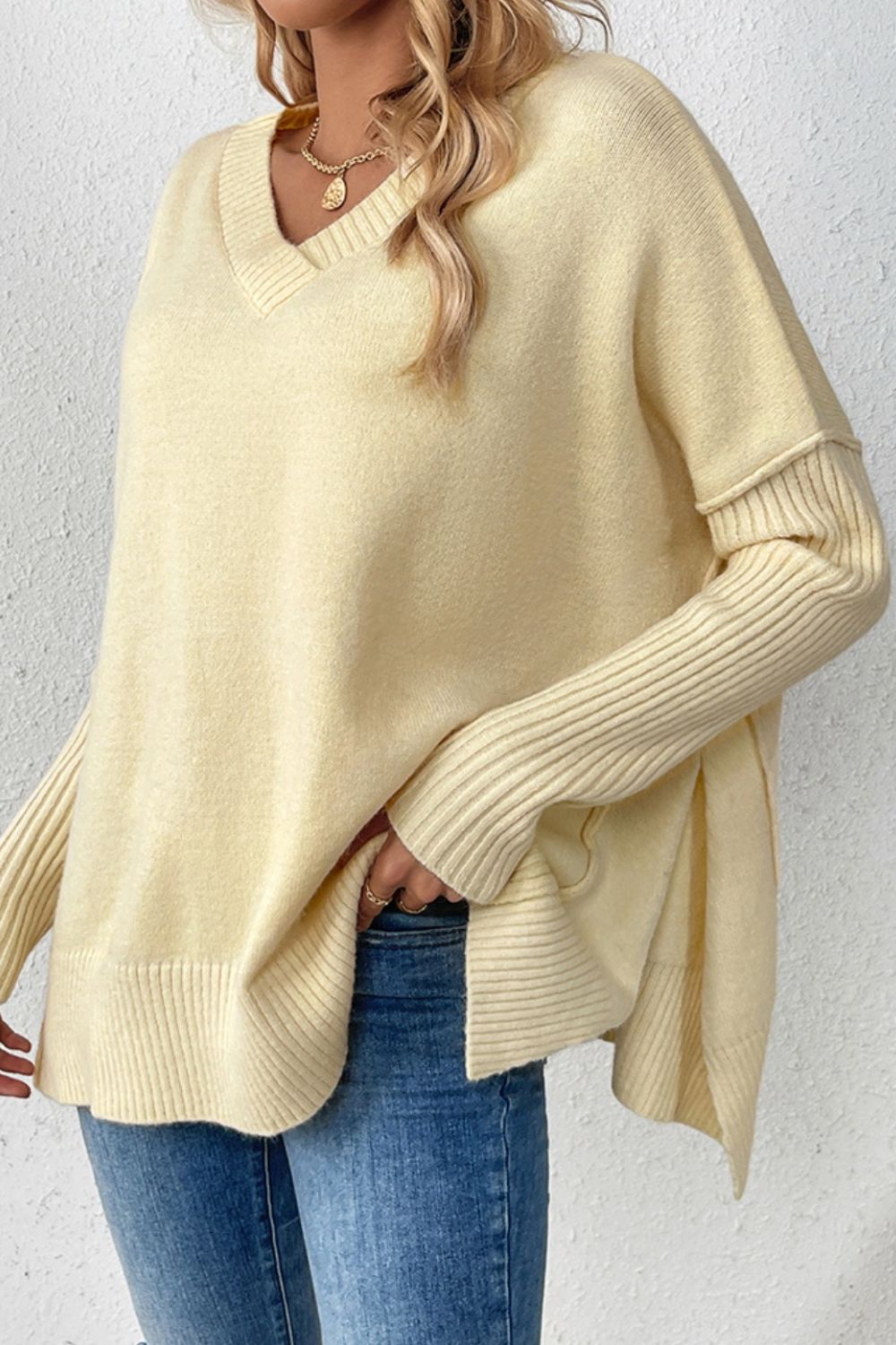 Slit V - Neck Dropped Shoulder Sweater - ViarousViarousViarous