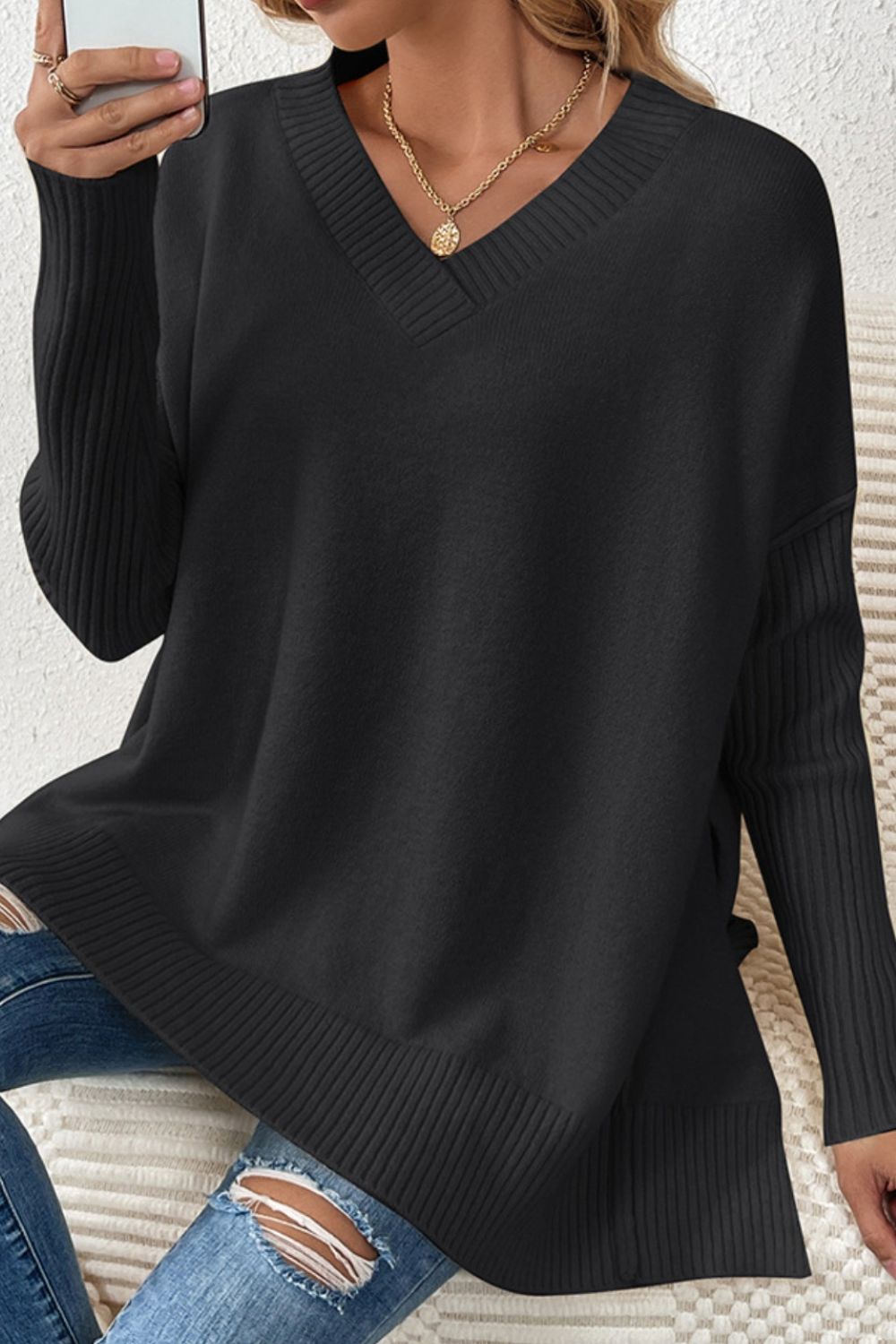 Slit V - Neck Dropped Shoulder Sweater - ViarousViarousViarous