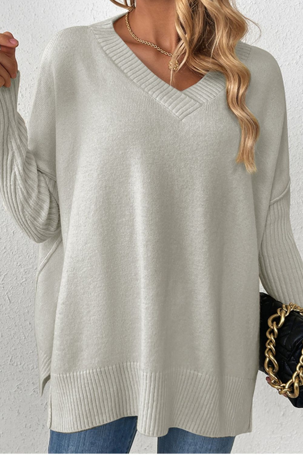 Slit V - Neck Dropped Shoulder Sweater - ViarousViarousViarous