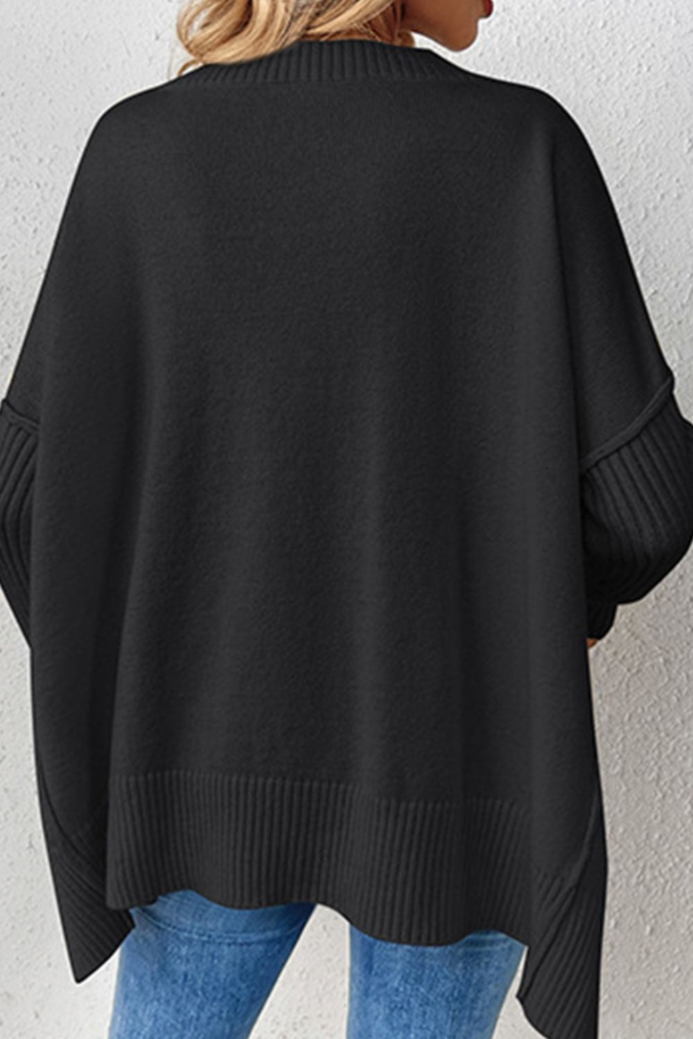 Slit V - Neck Dropped Shoulder Sweater - ViarousViarousViarous