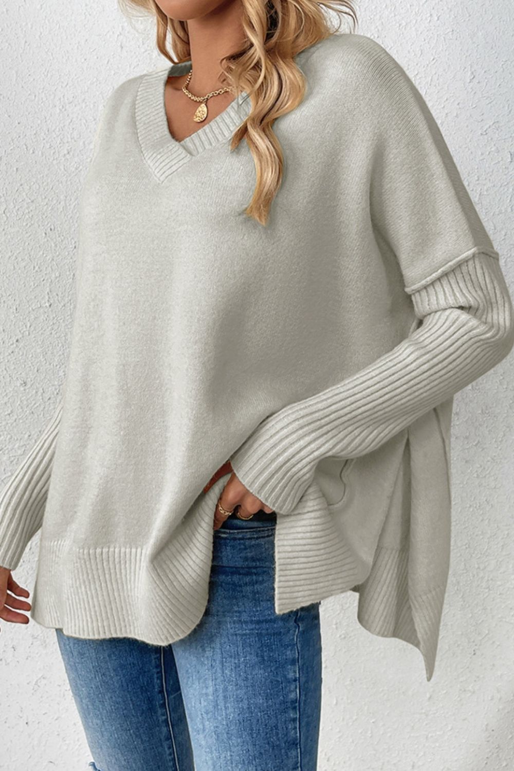Slit V - Neck Dropped Shoulder Sweater - ViarousViarousViarous