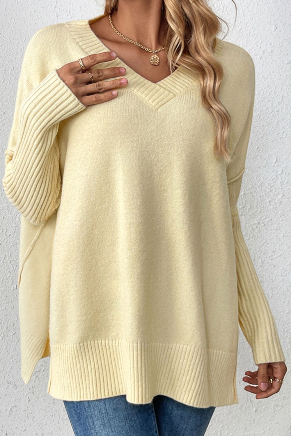 Slit V - Neck Dropped Shoulder Sweater - ViarousViarousViarous