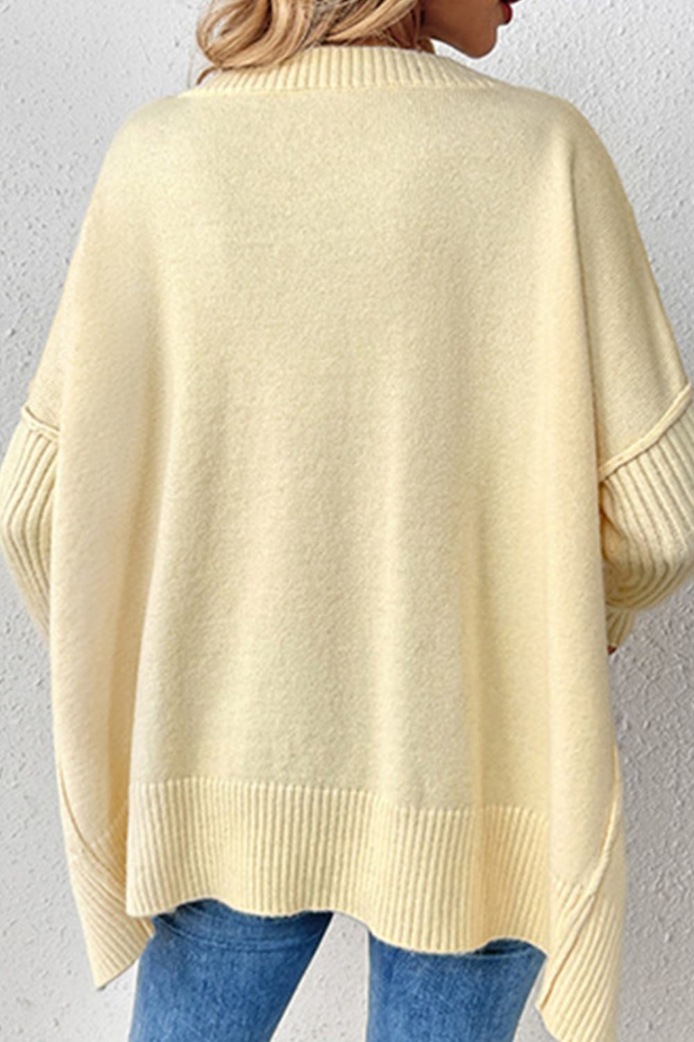 Slit V - Neck Dropped Shoulder Sweater - ViarousViarousViarous