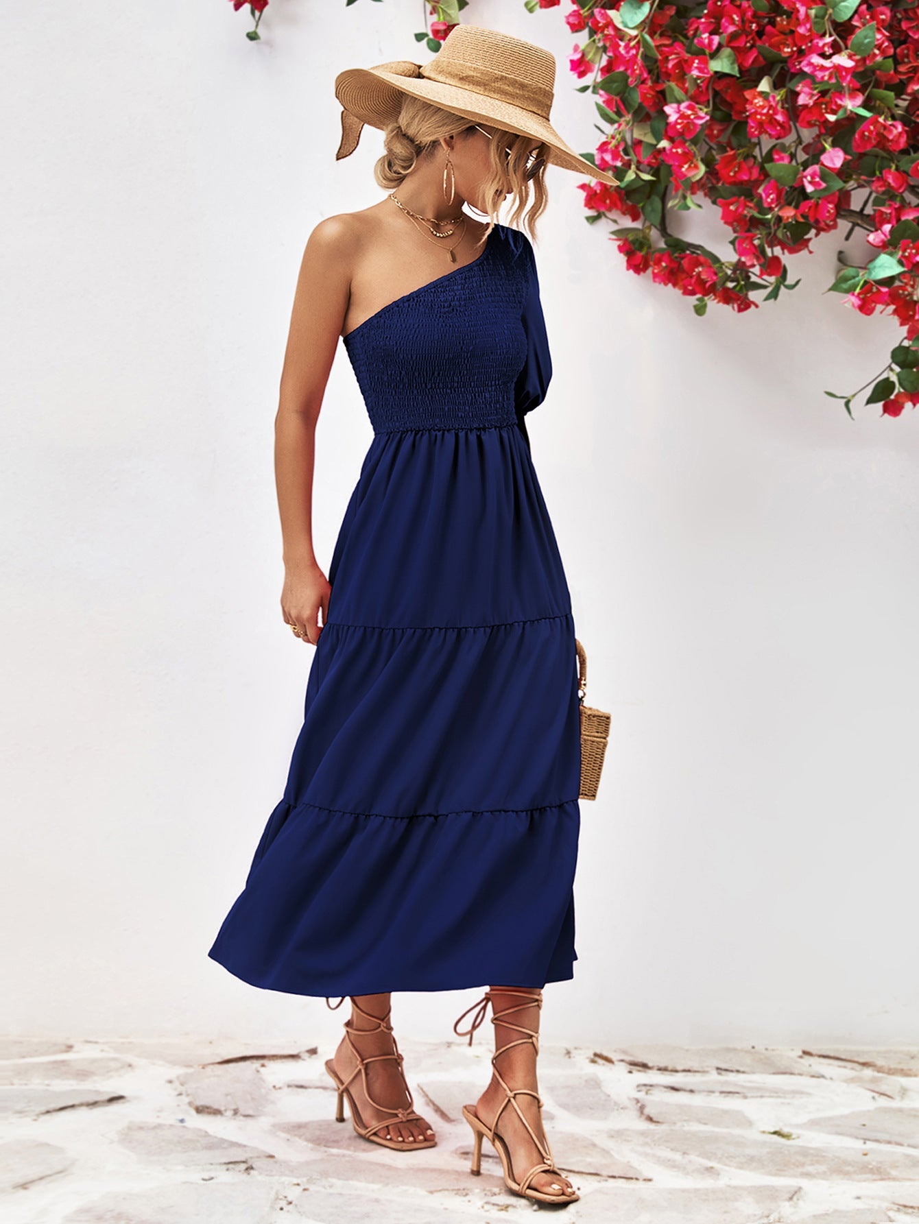 Smocked One - Shoulder Midi Dress - ViarousViarousViarous