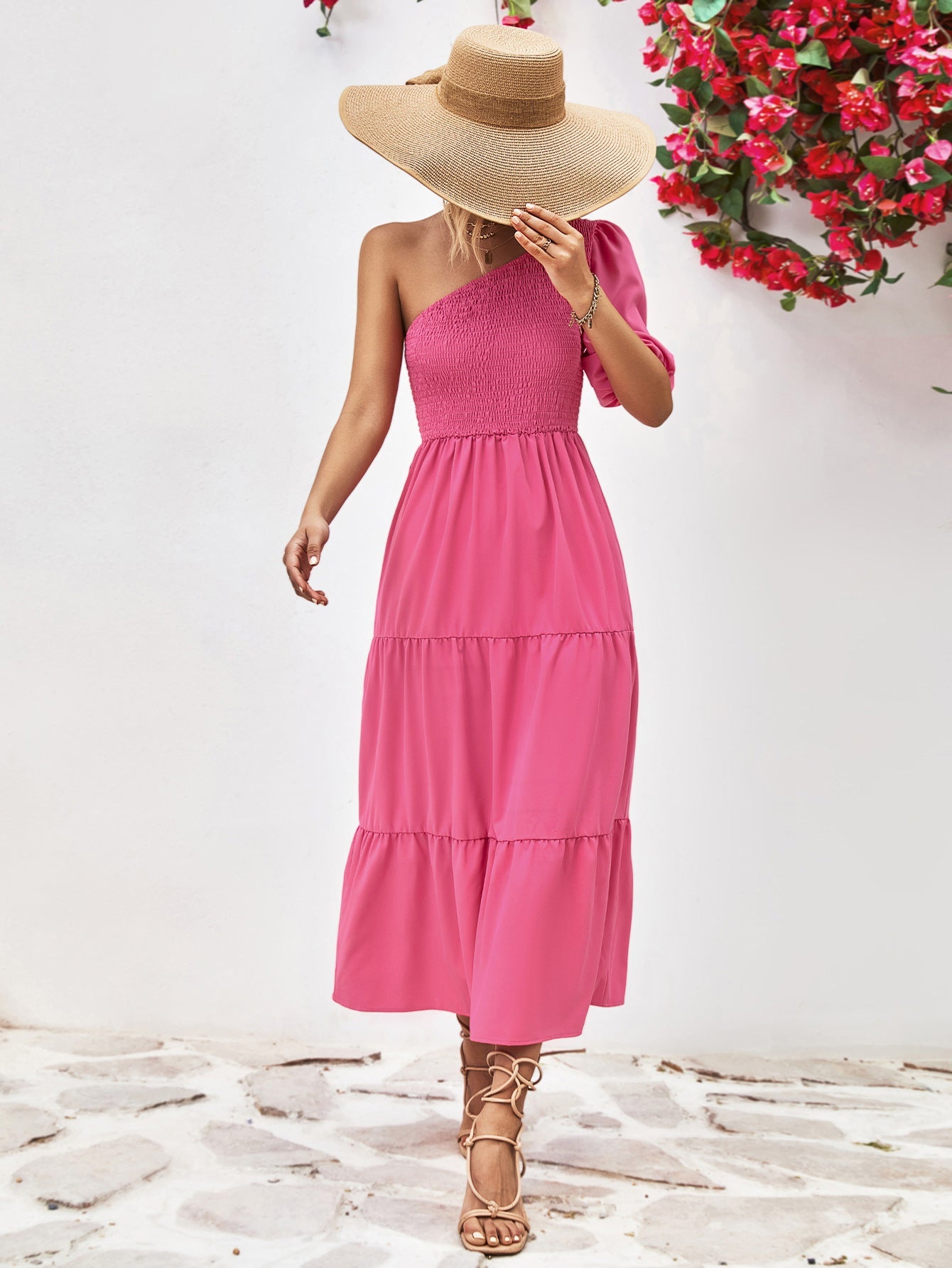 Smocked One - Shoulder Midi Dress - ViarousViarousViarous