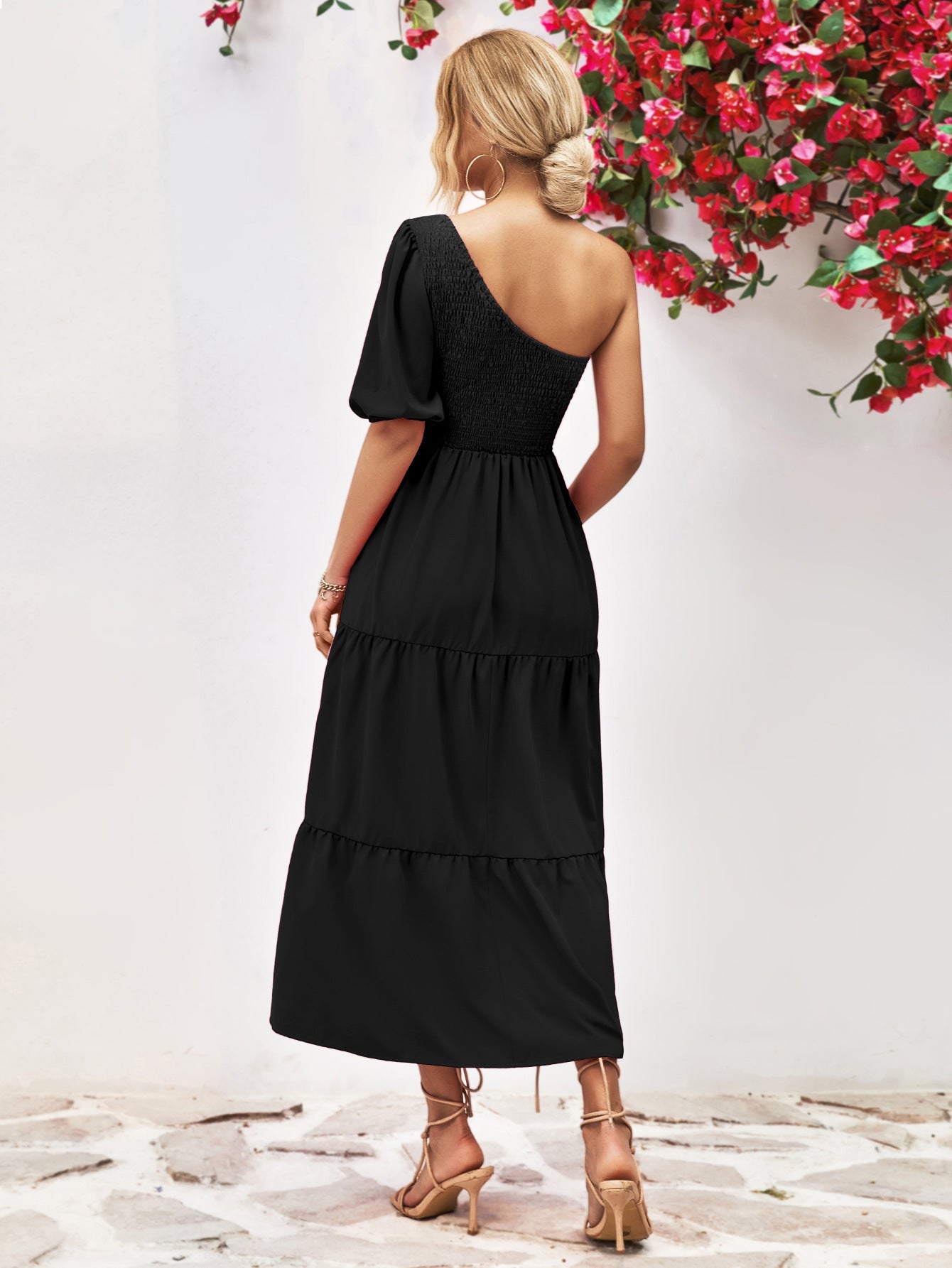 Smocked One - Shoulder Midi Dress - ViarousViarousViarous