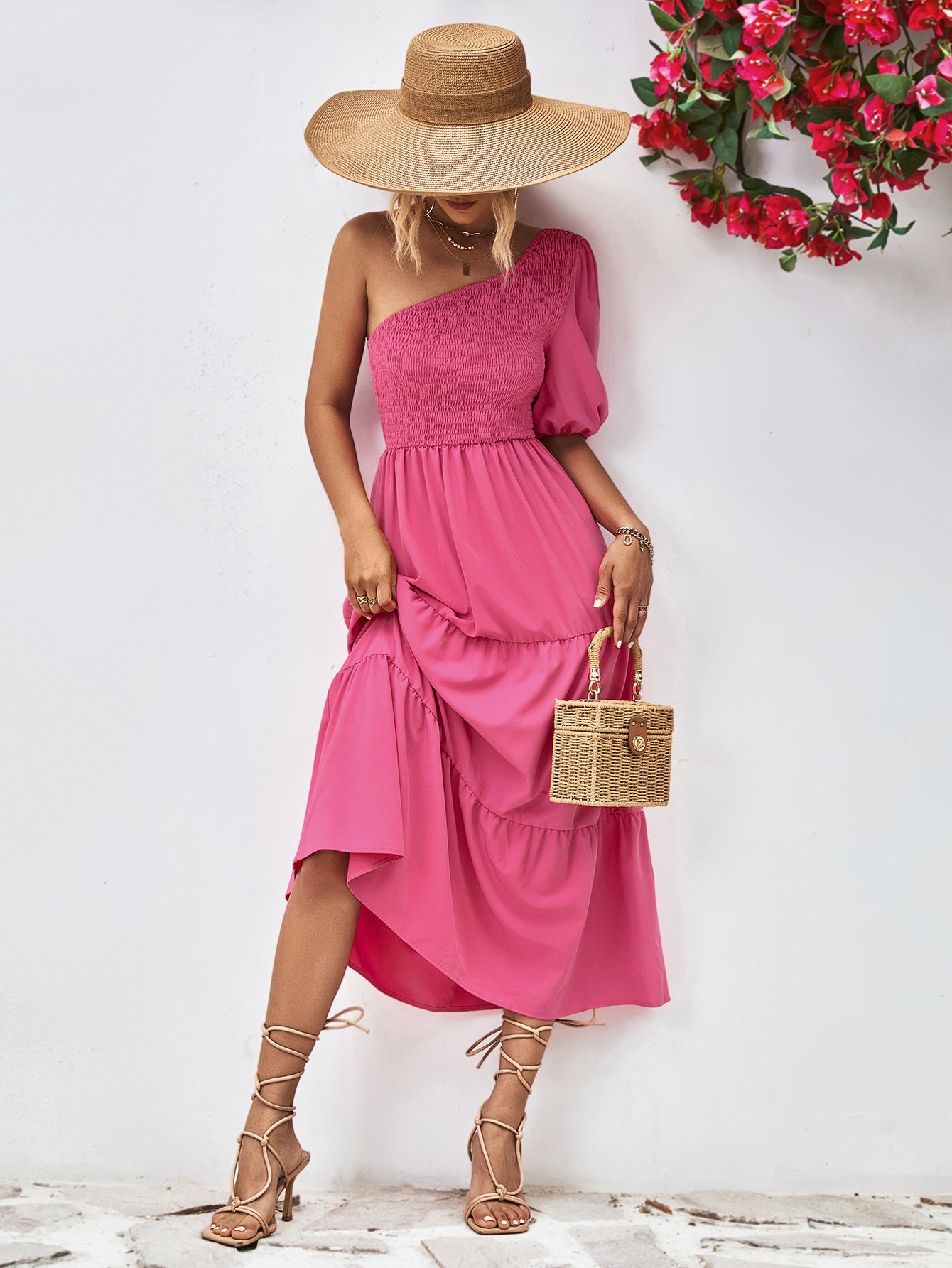 Smocked One - Shoulder Midi Dress - ViarousViarousViarous