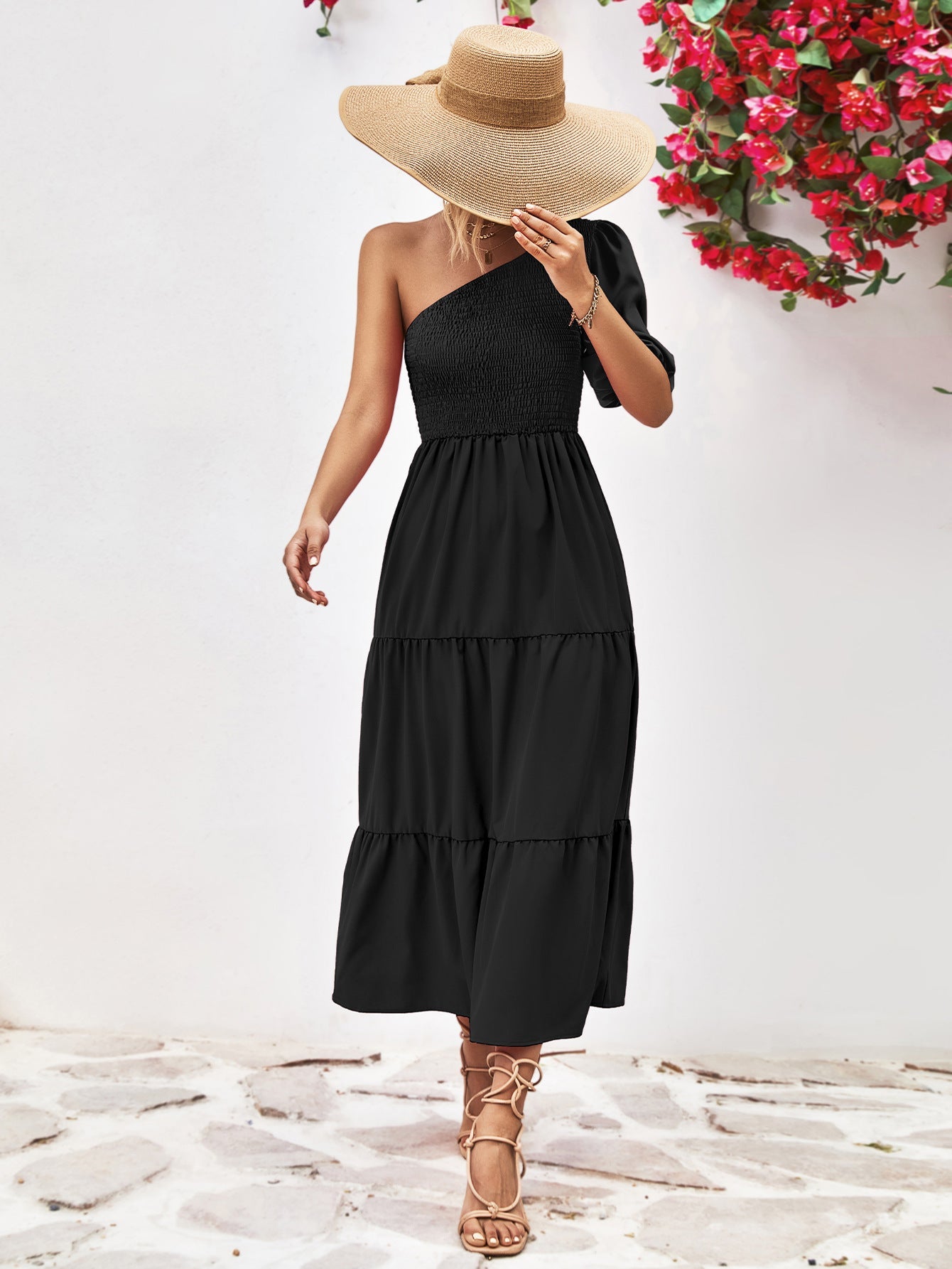 Smocked One - Shoulder Midi Dress - ViarousViarousViarous