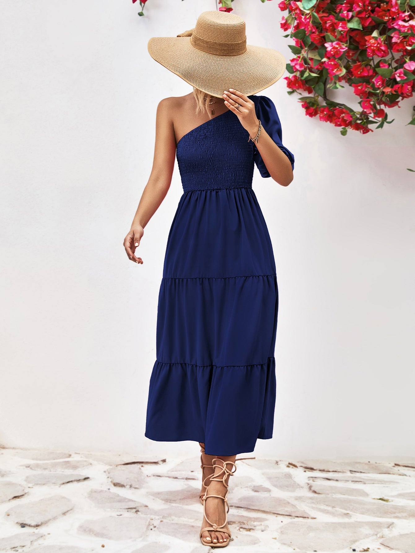 Smocked One - Shoulder Midi Dress - ViarousViarousViarous