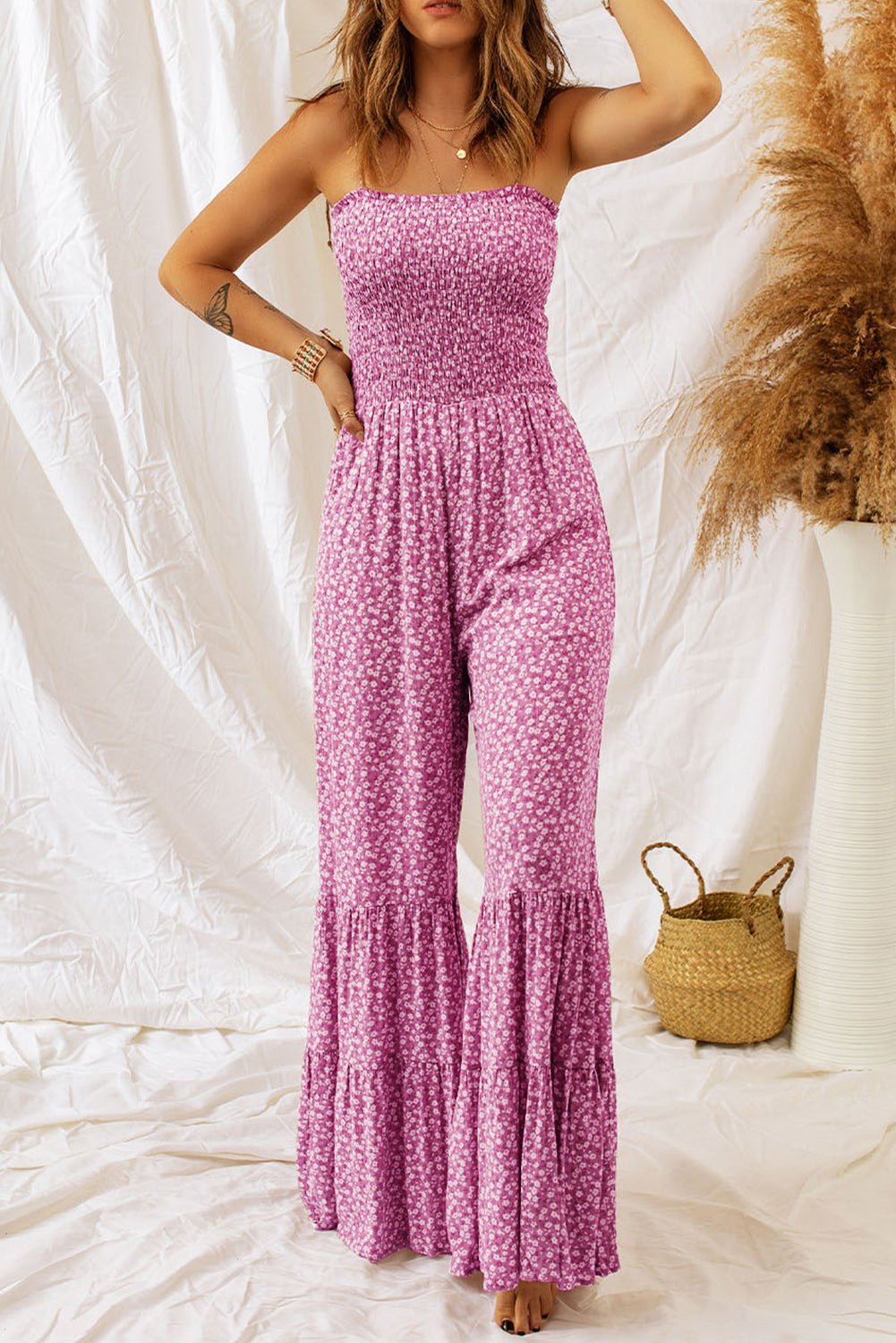 Smocked Printed Wide Strap Jumpsuit - ViarousViarousViarous