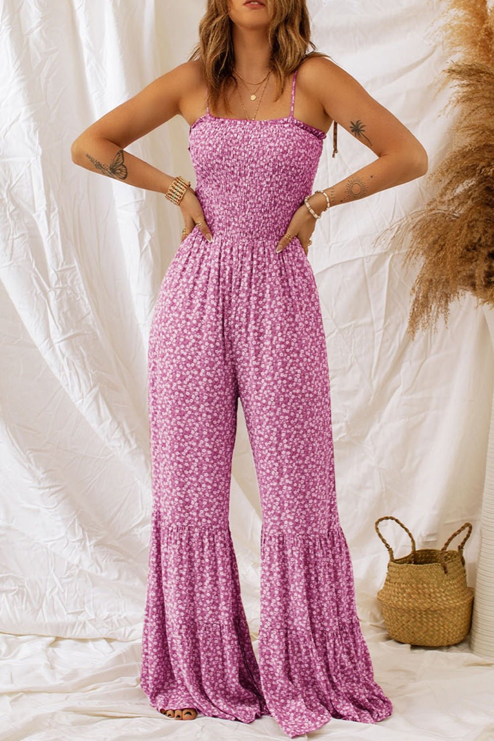 Smocked Printed Wide Strap Jumpsuit - ViarousViarousViarous