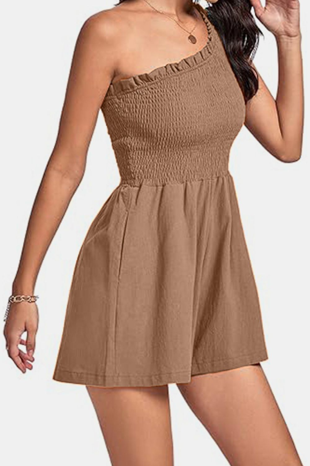 Smocked Single Shoulder Romper - ViarousViarousViarous