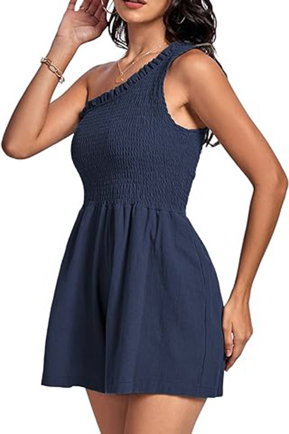 Smocked Single Shoulder Romper - ViarousViarousViarous