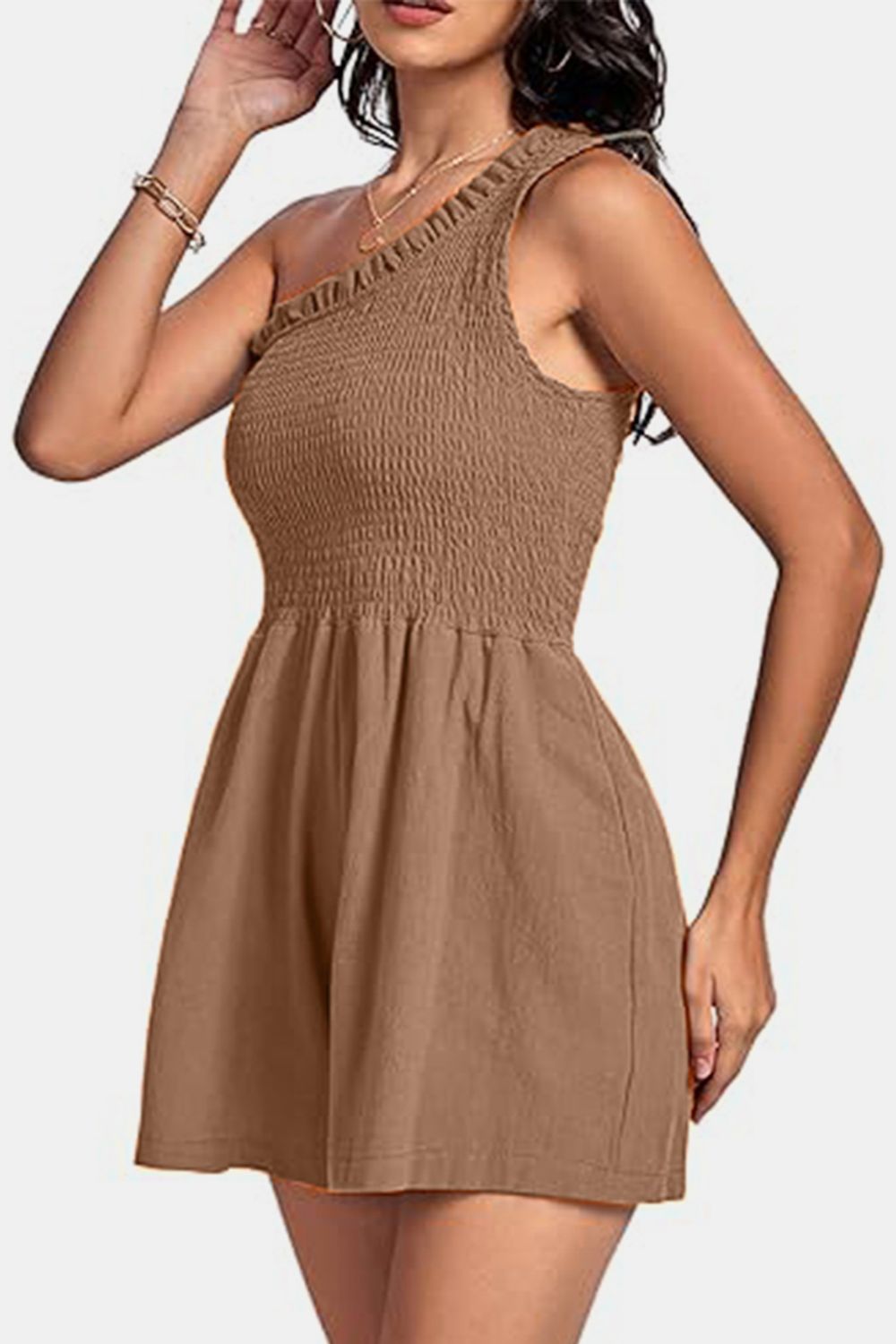 Smocked Single Shoulder Romper - ViarousViarousViarous