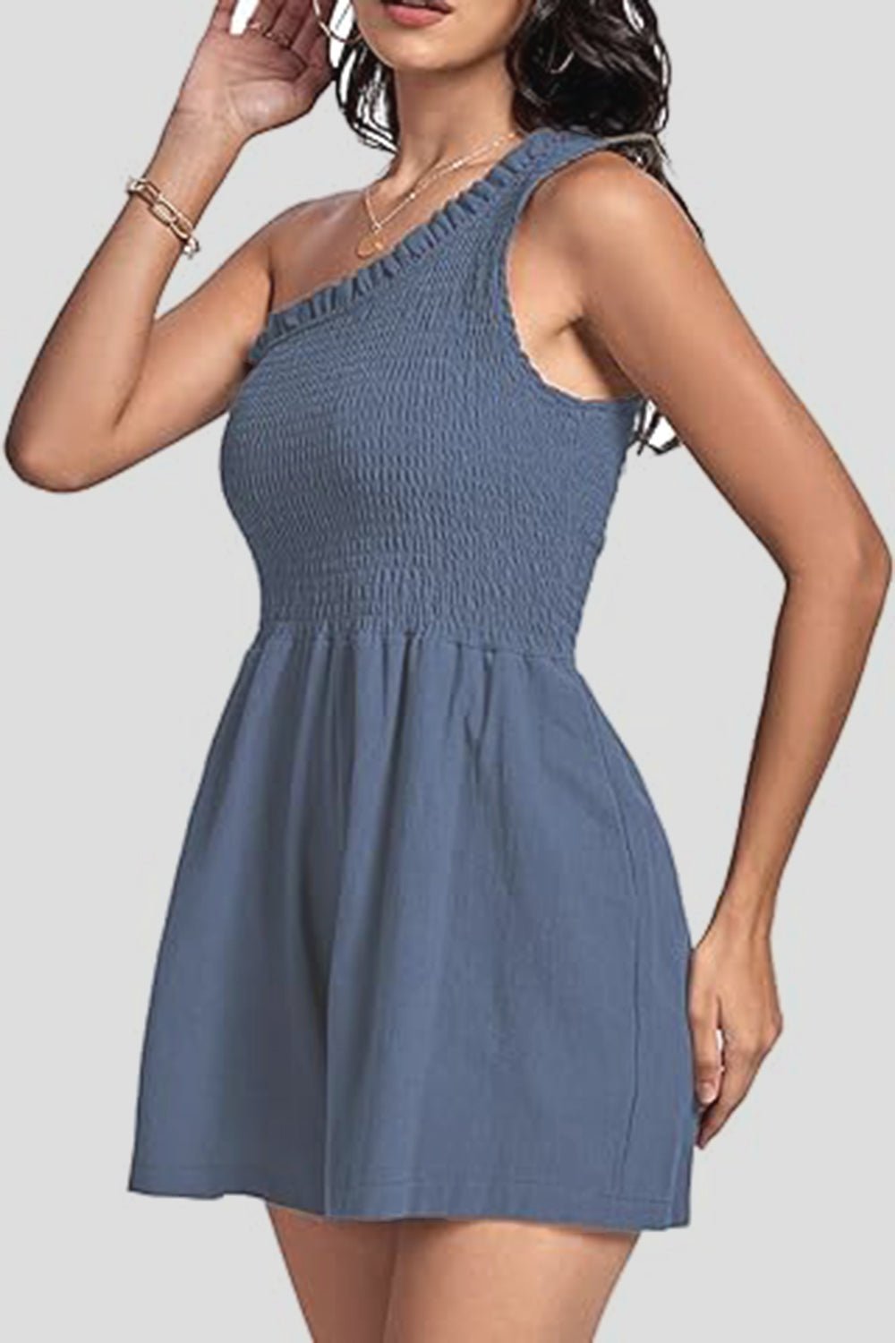 Smocked Single Shoulder Romper - ViarousViarousViarous