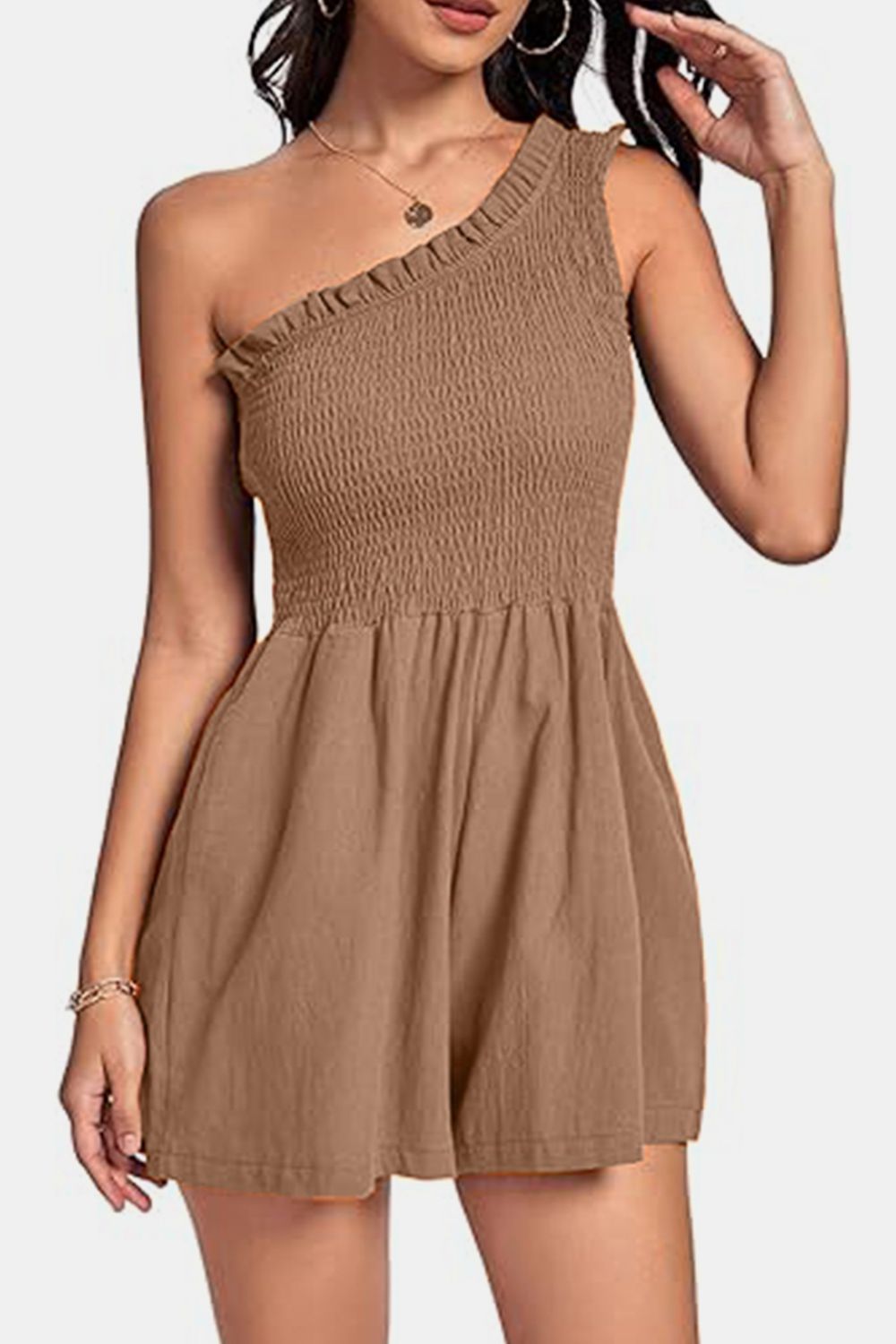 Smocked Single Shoulder Romper - ViarousViarousViarous