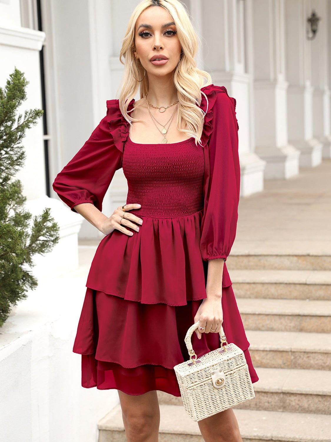 Smocked Square Neck Layered Dress - ViarousViarousViarous