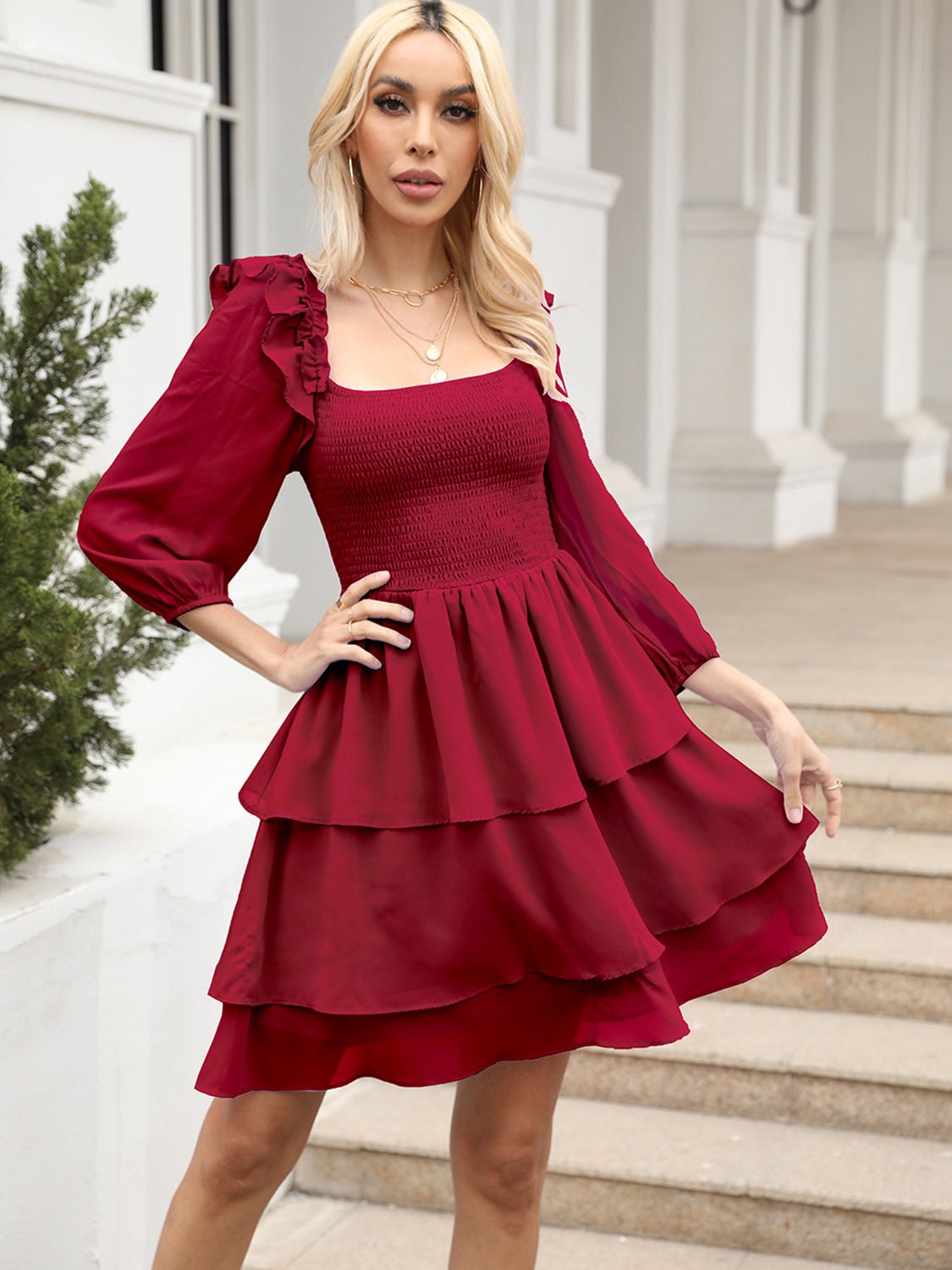 Smocked Square Neck Layered Dress - ViarousViarousViarous