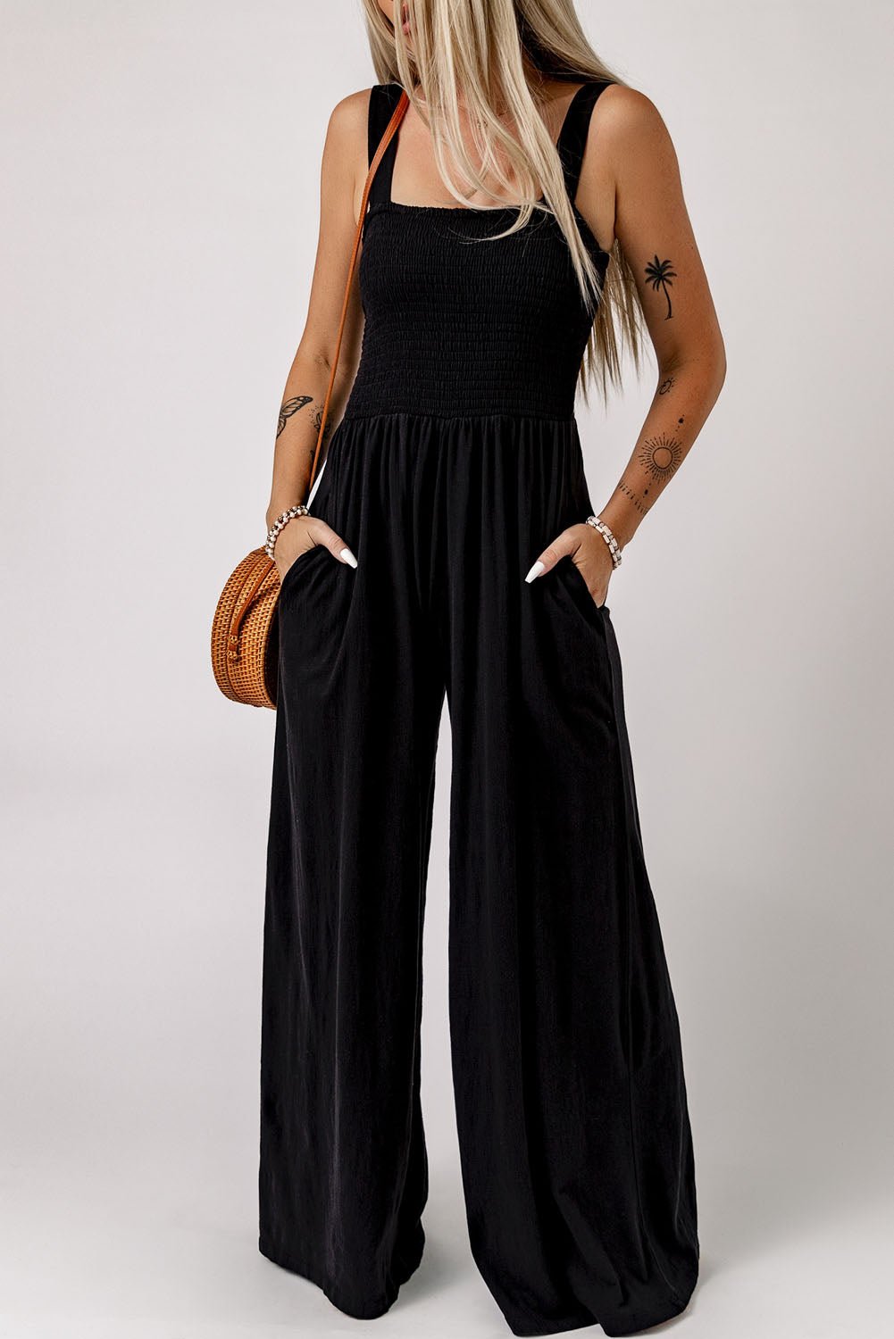 Smocked Square Neck Wide Leg Jumpsuit with Pockets - ViarousViarousViarous