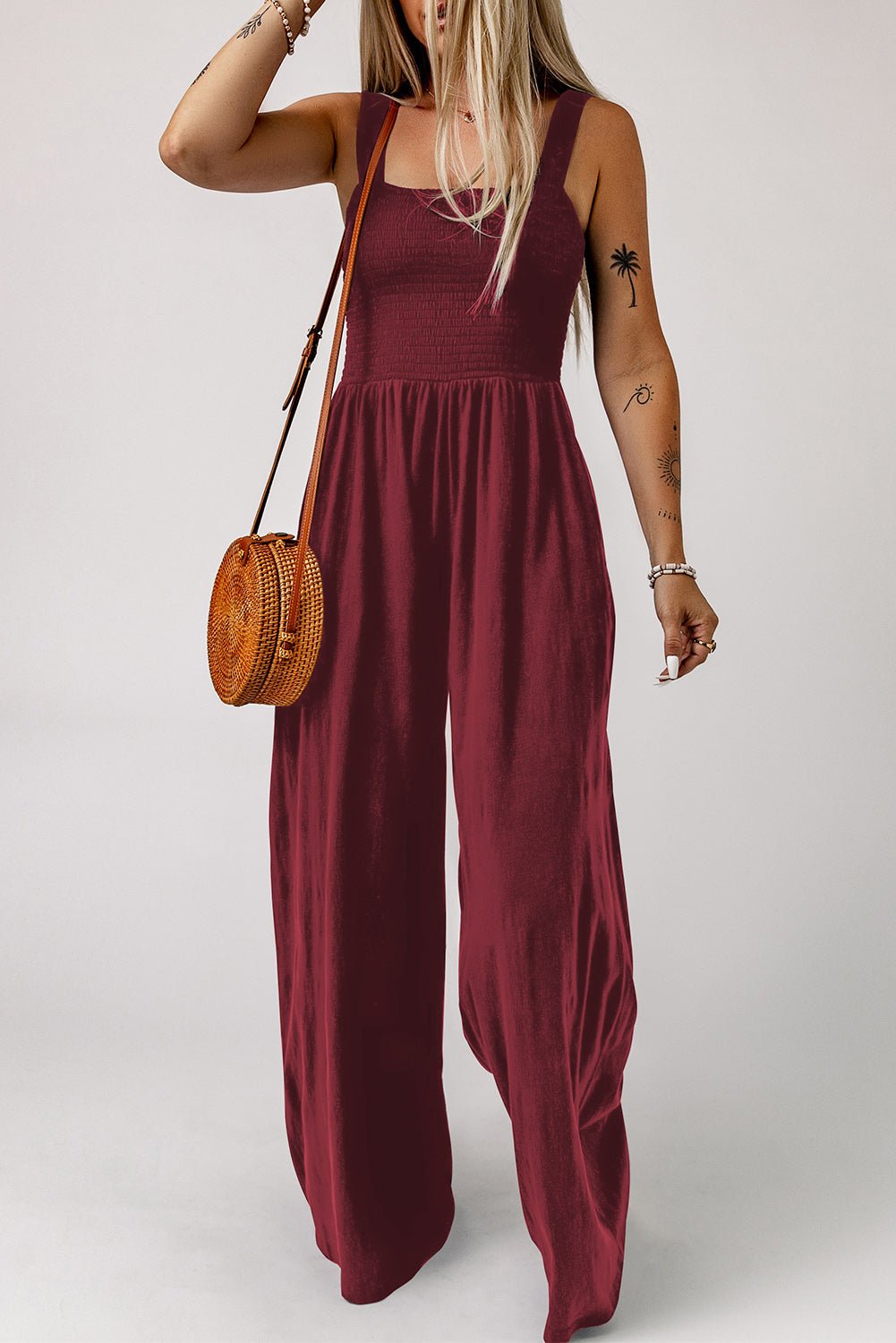 Smocked Square Neck Wide Leg Jumpsuit with Pockets - ViarousViarousViarous