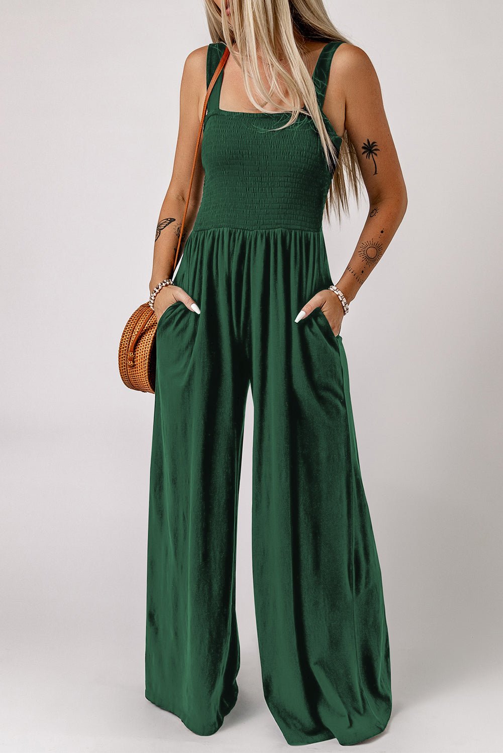 Smocked Square Neck Wide Leg Jumpsuit with Pockets - ViarousViarousViarous