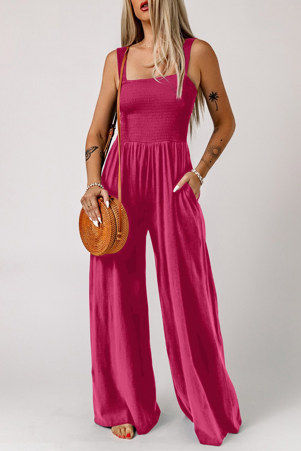 Smocked Square Neck Wide Leg Jumpsuit with Pockets - ViarousViarousViarous