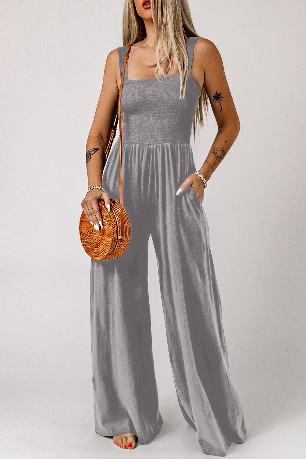 Smocked Square Neck Wide Leg Jumpsuit with Pockets - ViarousViarousViarous