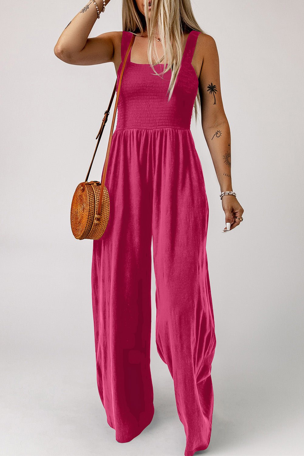 Smocked Square Neck Wide Leg Jumpsuit with Pockets - ViarousViarousViarous