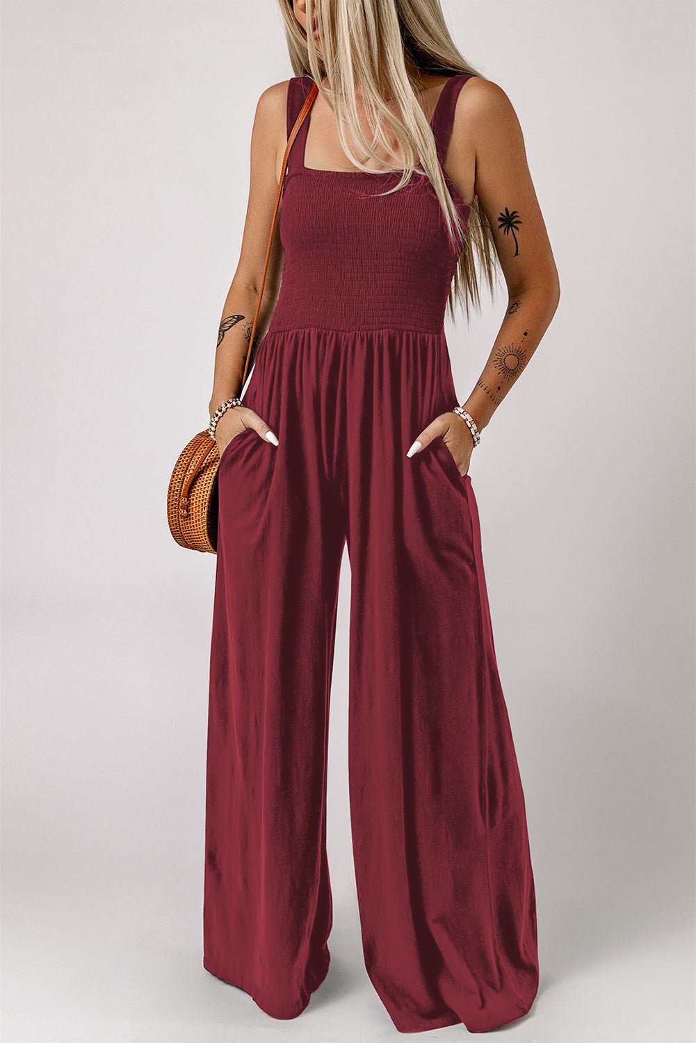 Smocked Square Neck Wide Leg Jumpsuit with Pockets - ViarousViarousViarous