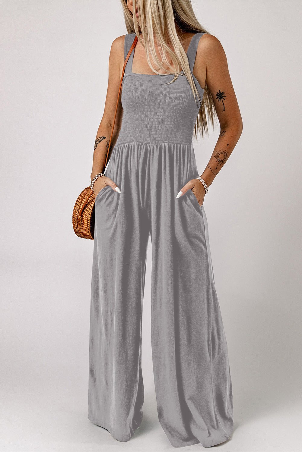 Smocked Square Neck Wide Leg Jumpsuit with Pockets - ViarousViarousViarous