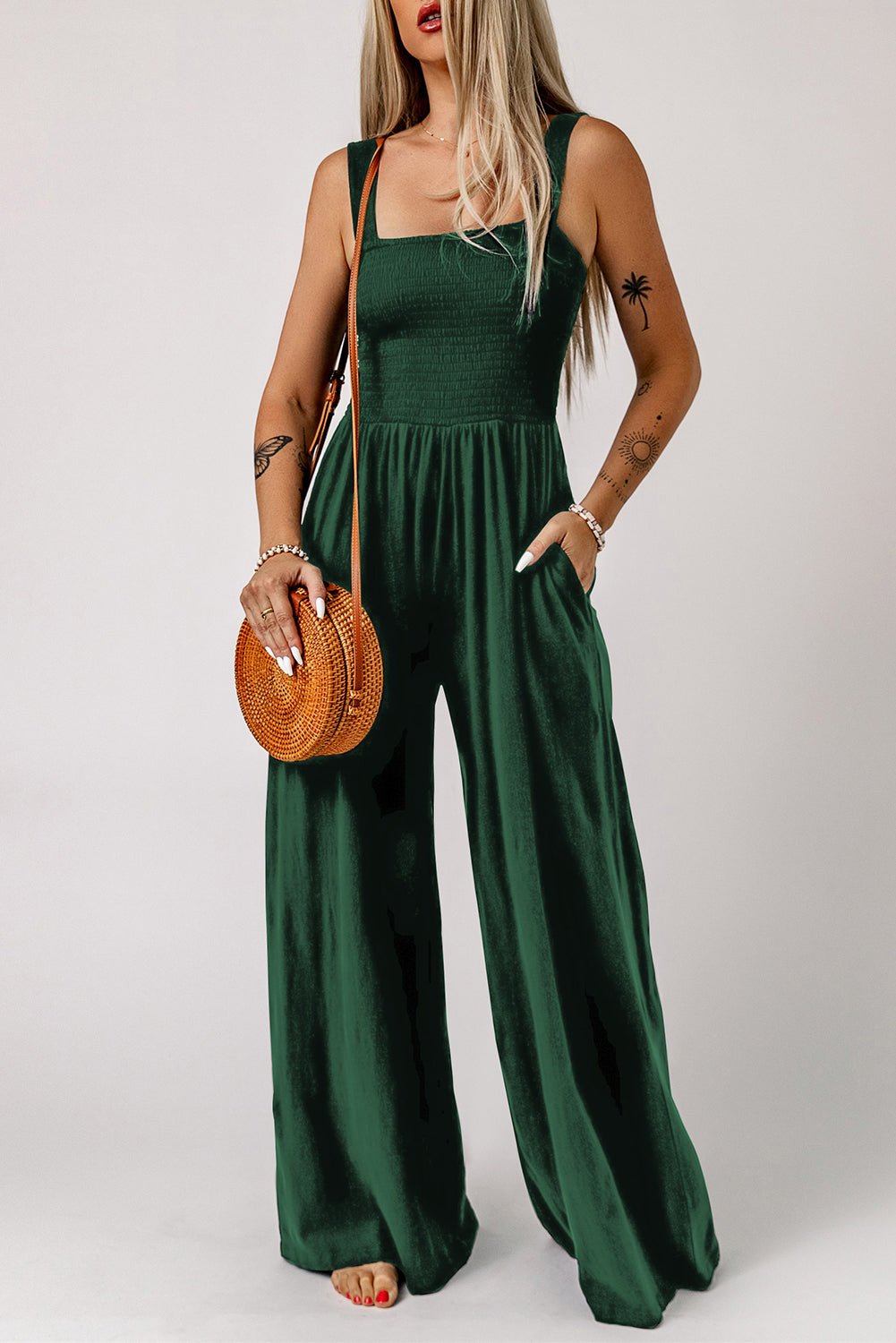 Smocked Square Neck Wide Leg Jumpsuit with Pockets - ViarousViarousViarous
