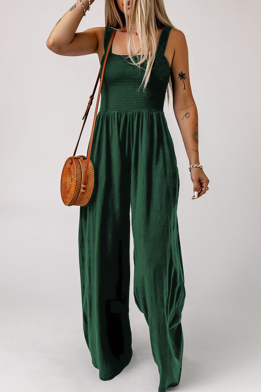 Smocked Square Neck Wide Leg Jumpsuit with Pockets - ViarousViarousViarous