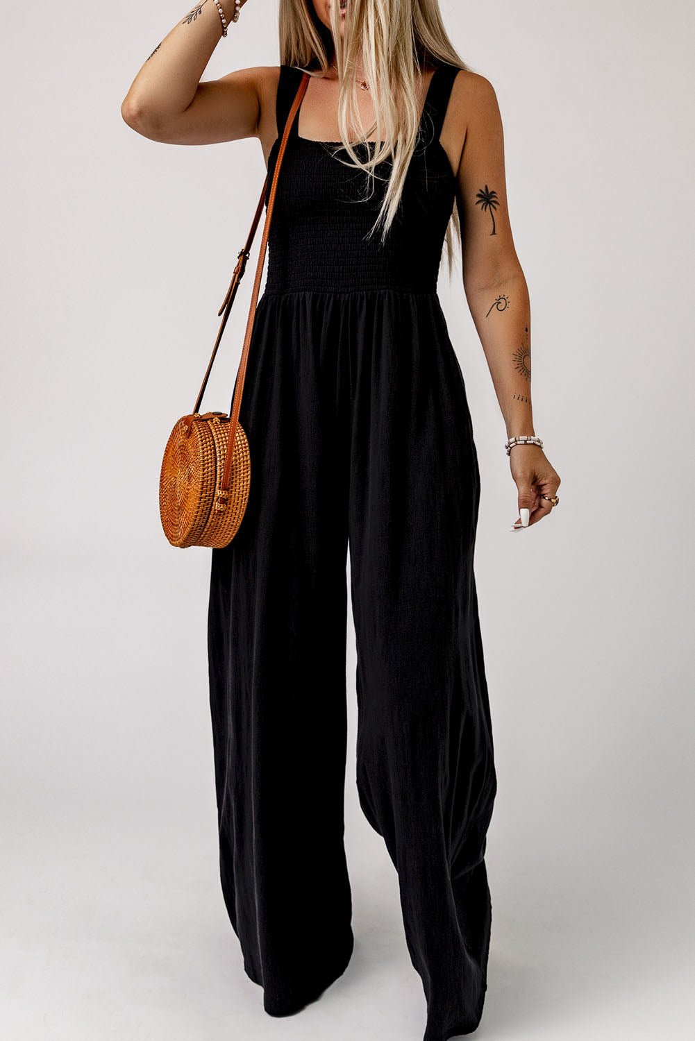 Smocked Square Neck Wide Leg Jumpsuit with Pockets - ViarousViarousViarous