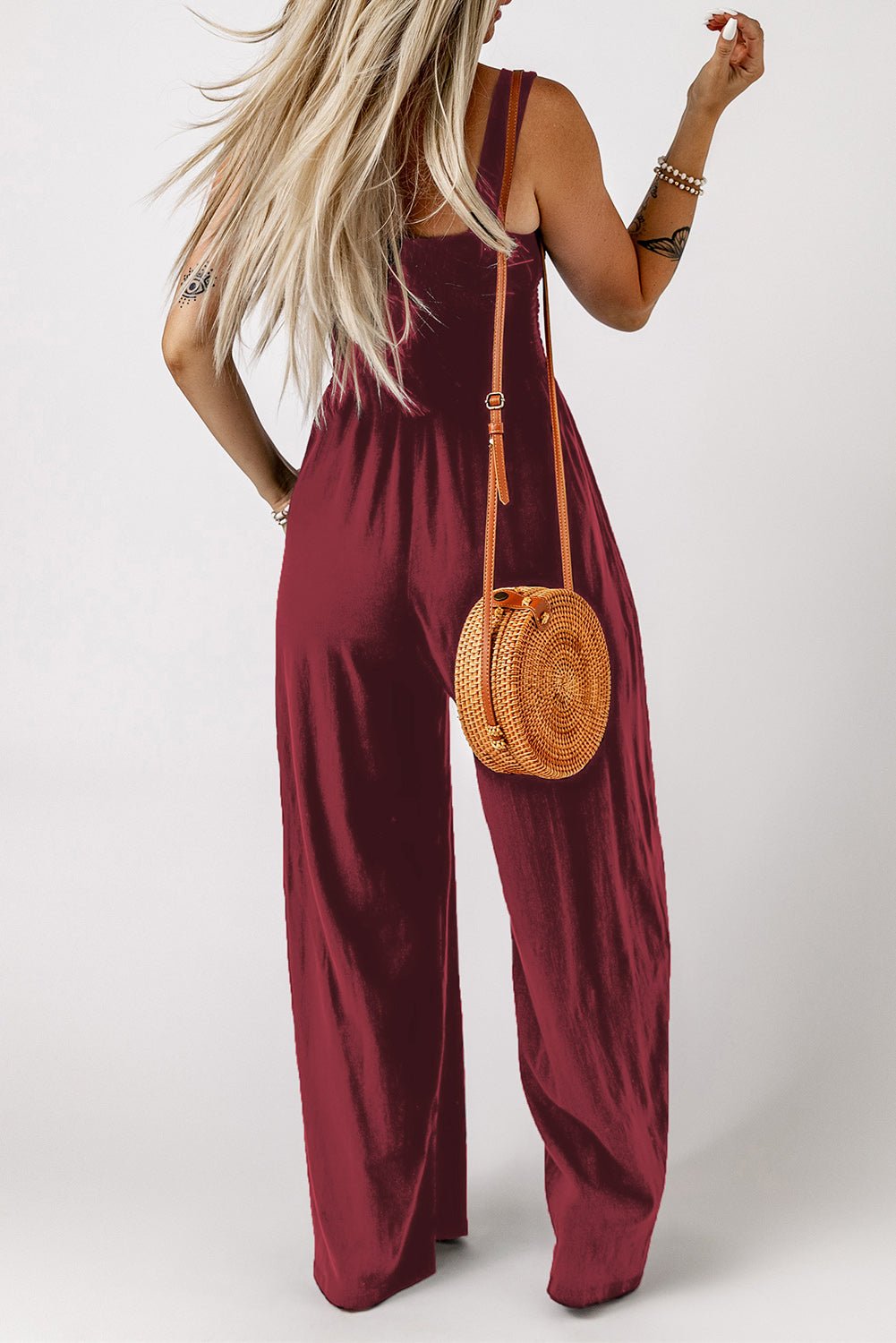 Smocked Square Neck Wide Leg Jumpsuit with Pockets - ViarousViarousViarous