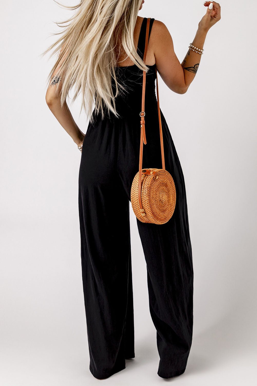 Smocked Square Neck Wide Leg Jumpsuit with Pockets - ViarousViarousViarous