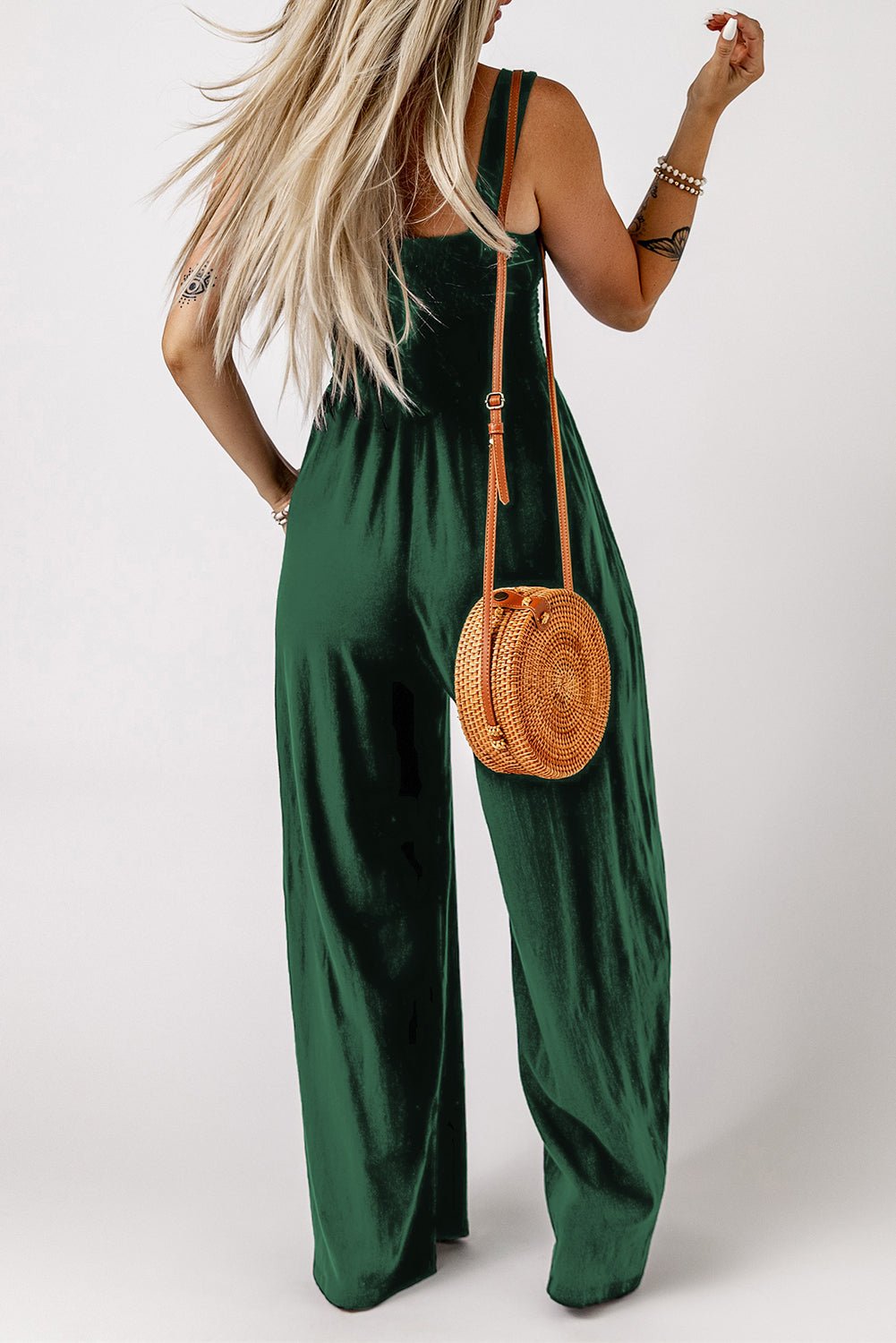 Smocked Square Neck Wide Leg Jumpsuit with Pockets - ViarousViarousViarous