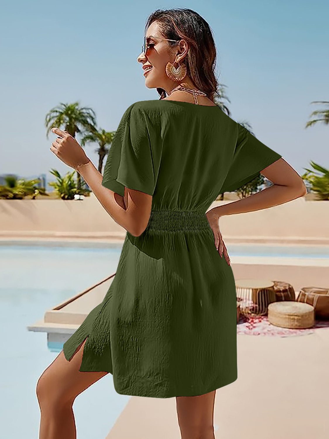 Smocked V - Neck Short Sleeve Dress - ViarousViarousViarous