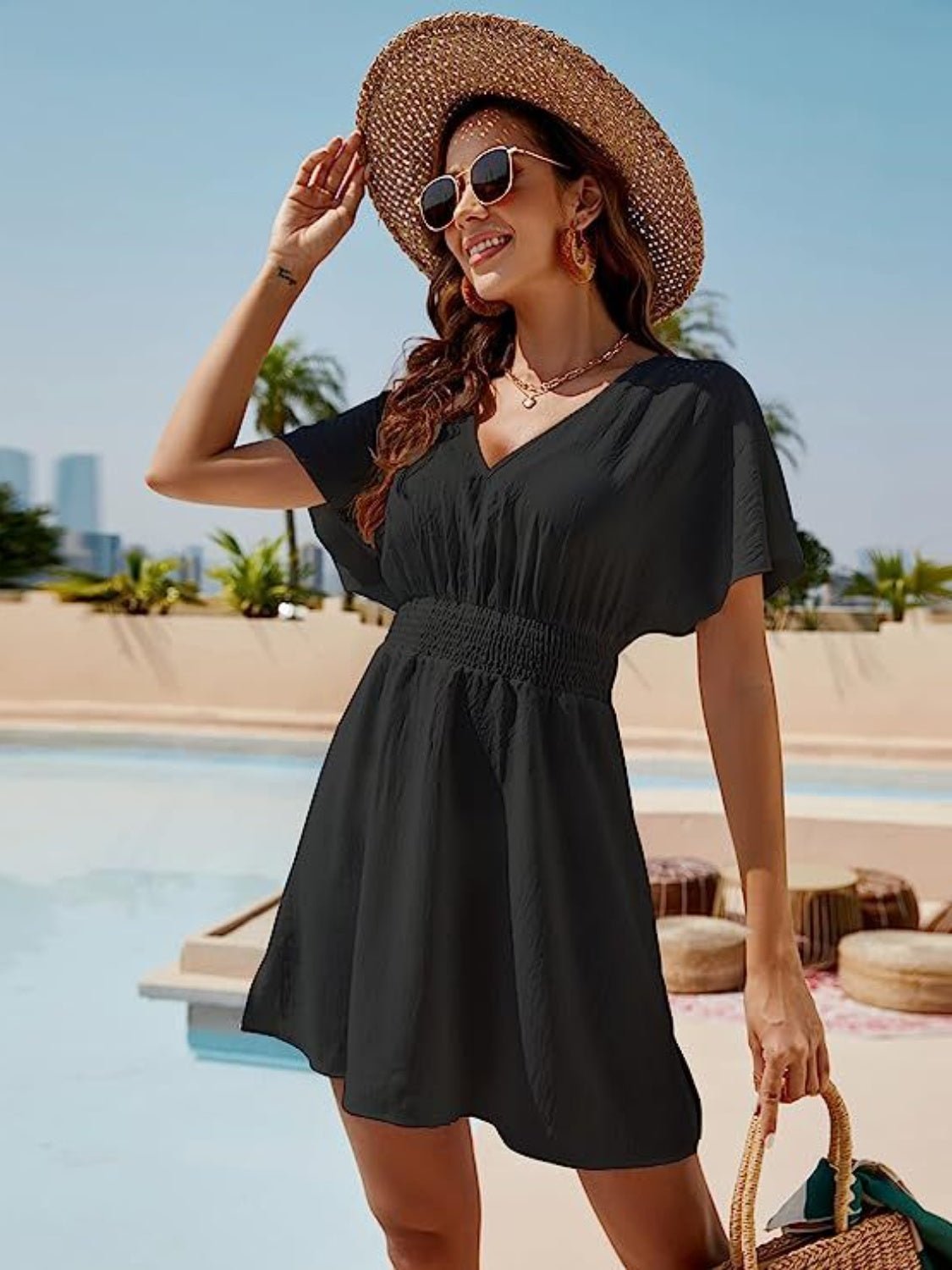 Smocked V - Neck Short Sleeve Dress - ViarousViarousViarous