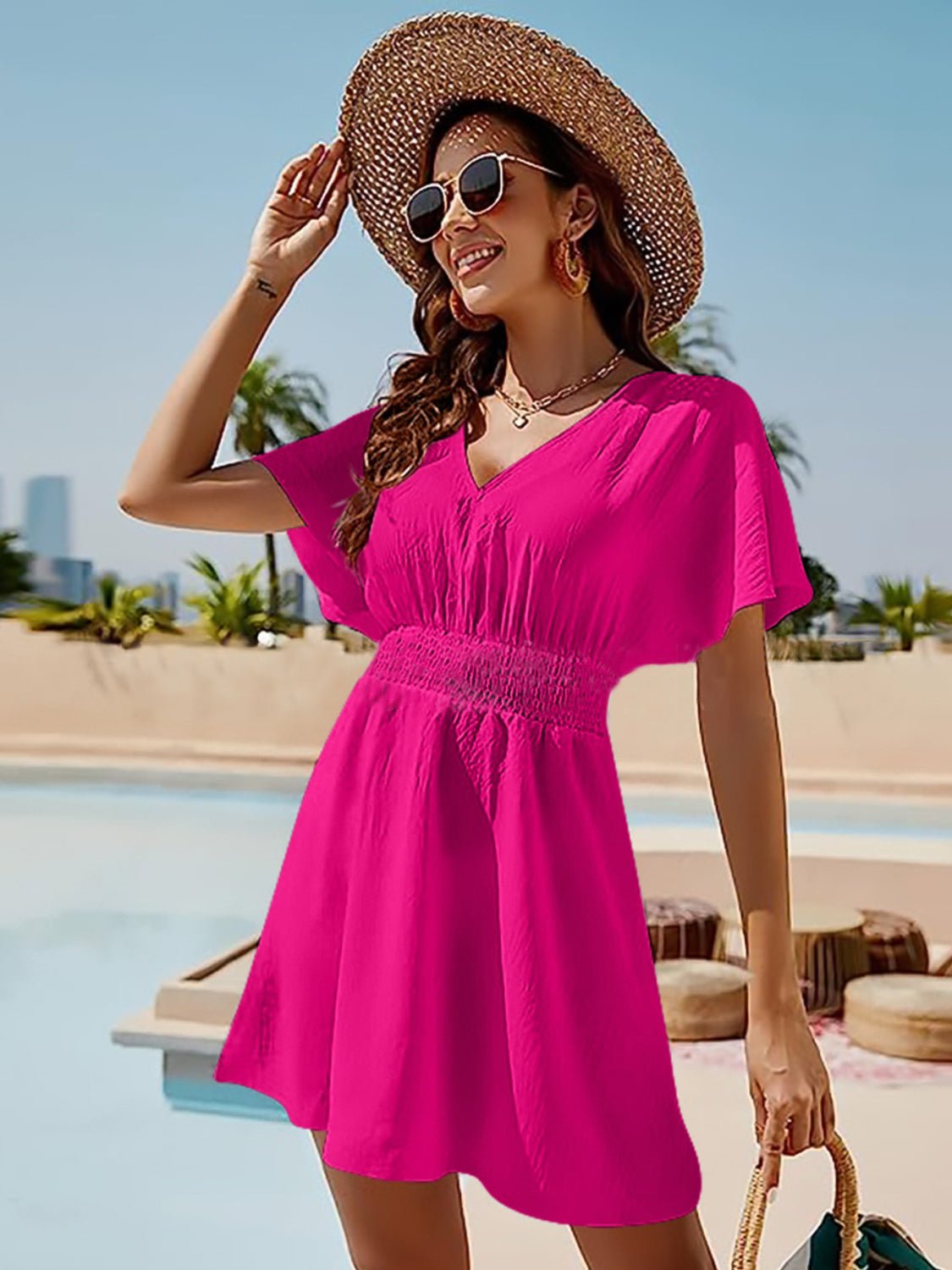 Smocked V - Neck Short Sleeve Dress - ViarousViarousViarous