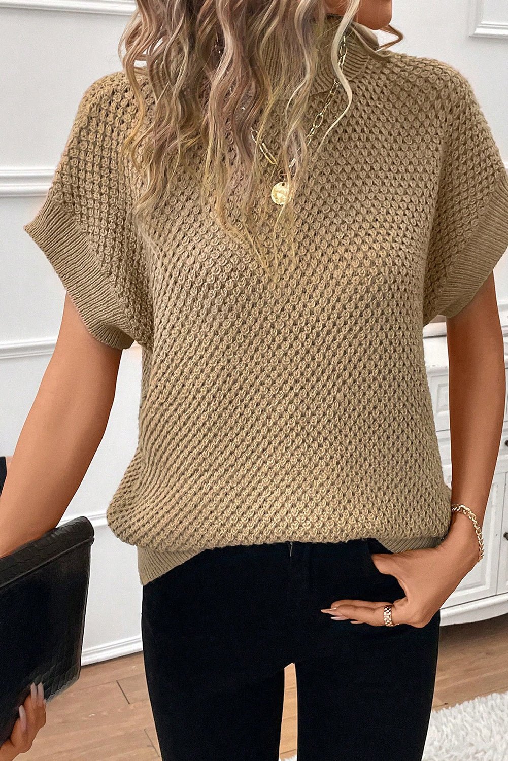 Solid Color Turtleneck Short Sleeve Sweater - ViarousViarousViarous