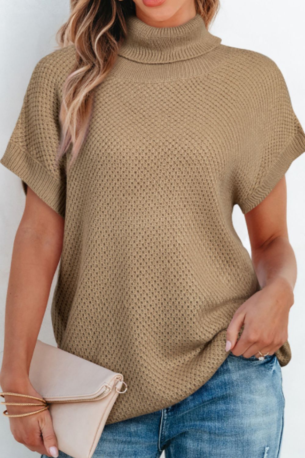 Solid Color Turtleneck Short Sleeve Sweater - ViarousViarousViarous