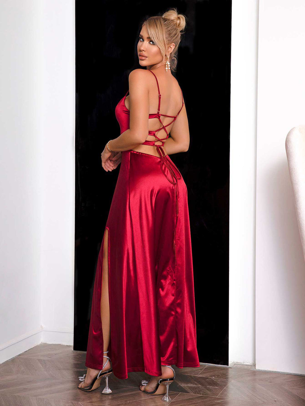 Spaghetti Strap Lace - Up Back Split Dress - ViarousViarousViarous