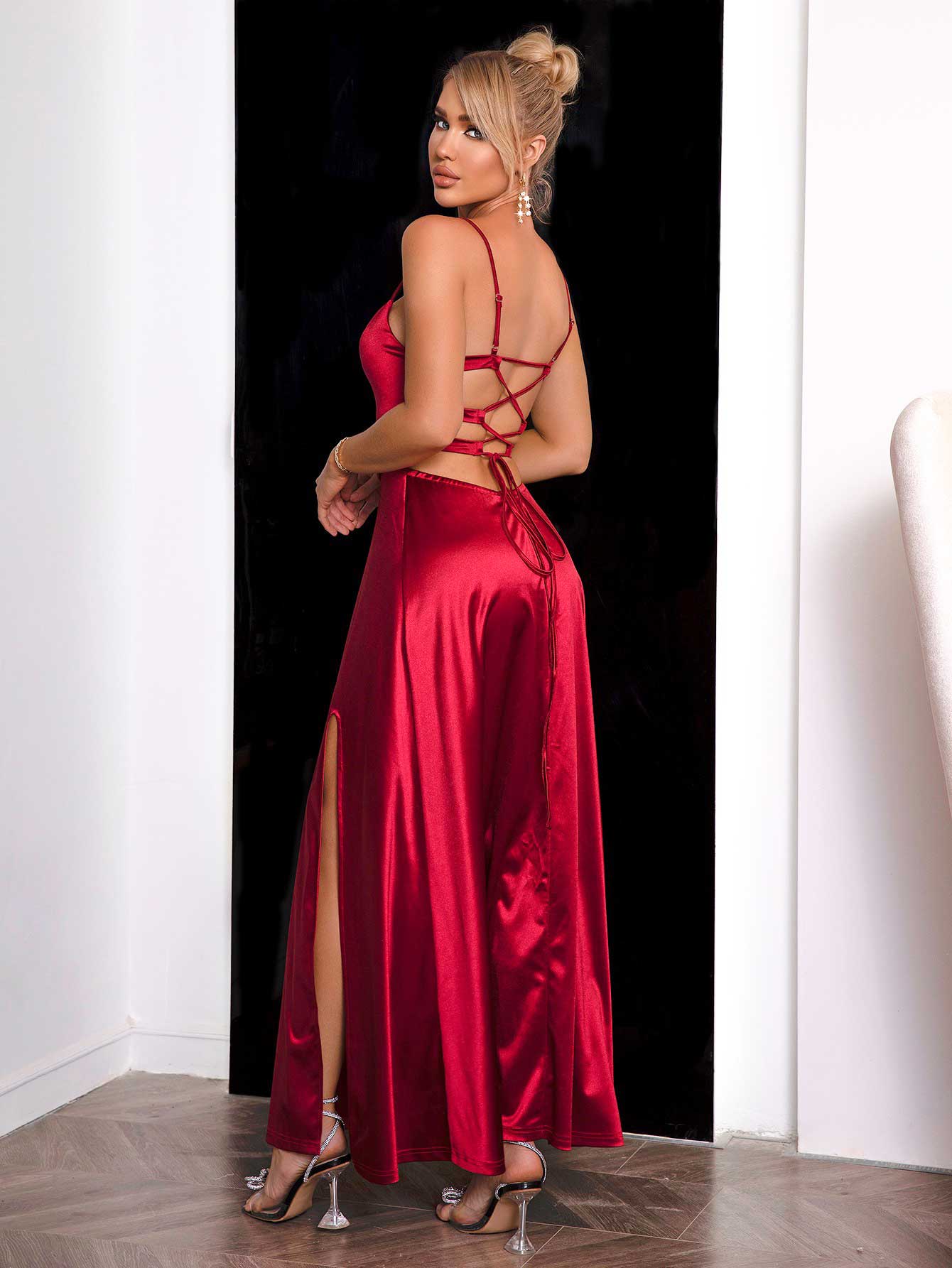 Spaghetti Strap Lace - Up Back Split Dress - ViarousViarousViarous