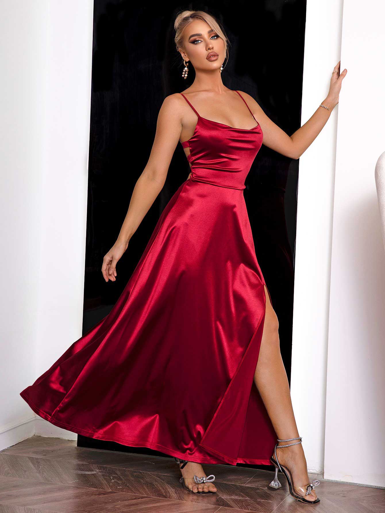 Spaghetti Strap Lace - Up Back Split Dress - ViarousViarousViarous