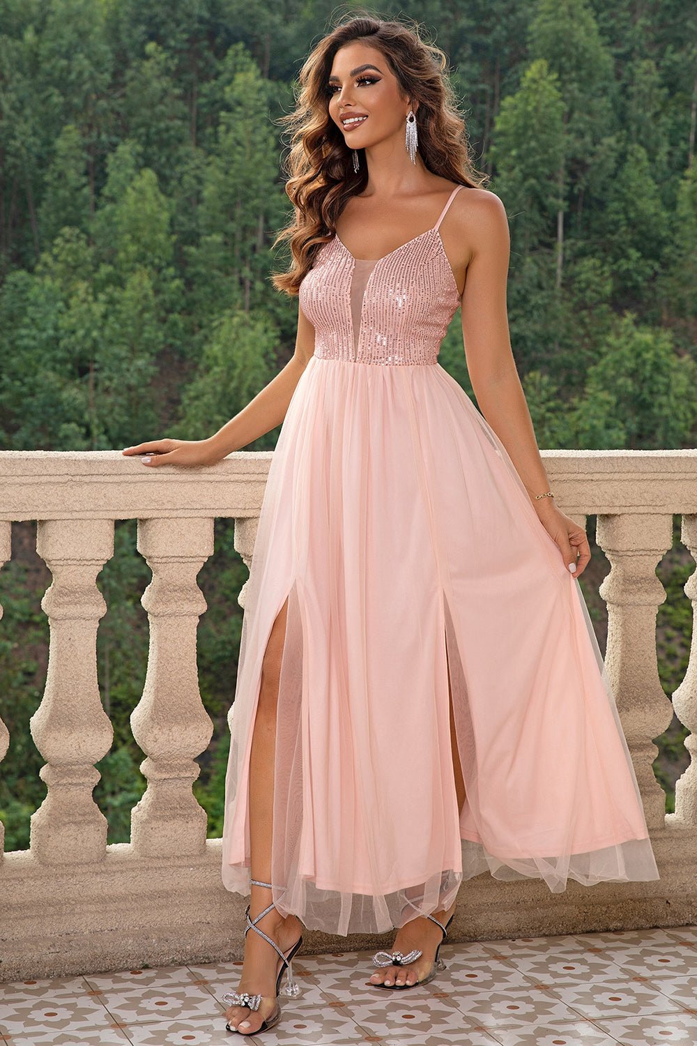 Spaghetti Strap Slit Mesh Dress - ViarousViarousViarous