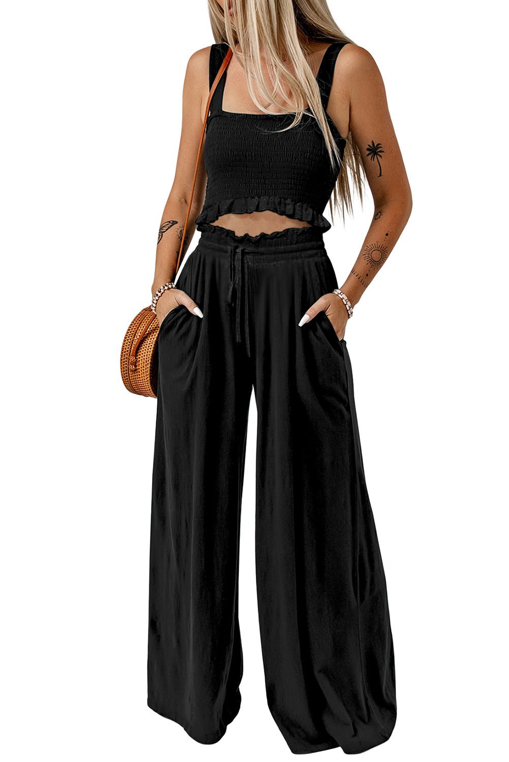 Square Neck Cropped Tank Top and Long Pants Set - ViarousViarousViarous