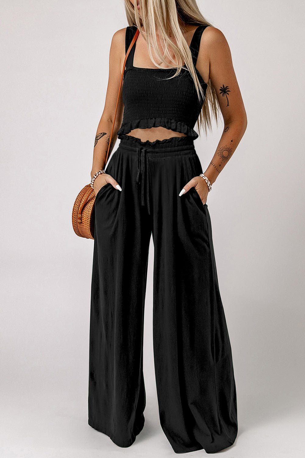 Square Neck Cropped Tank Top and Long Pants Set - ViarousViarousViarous