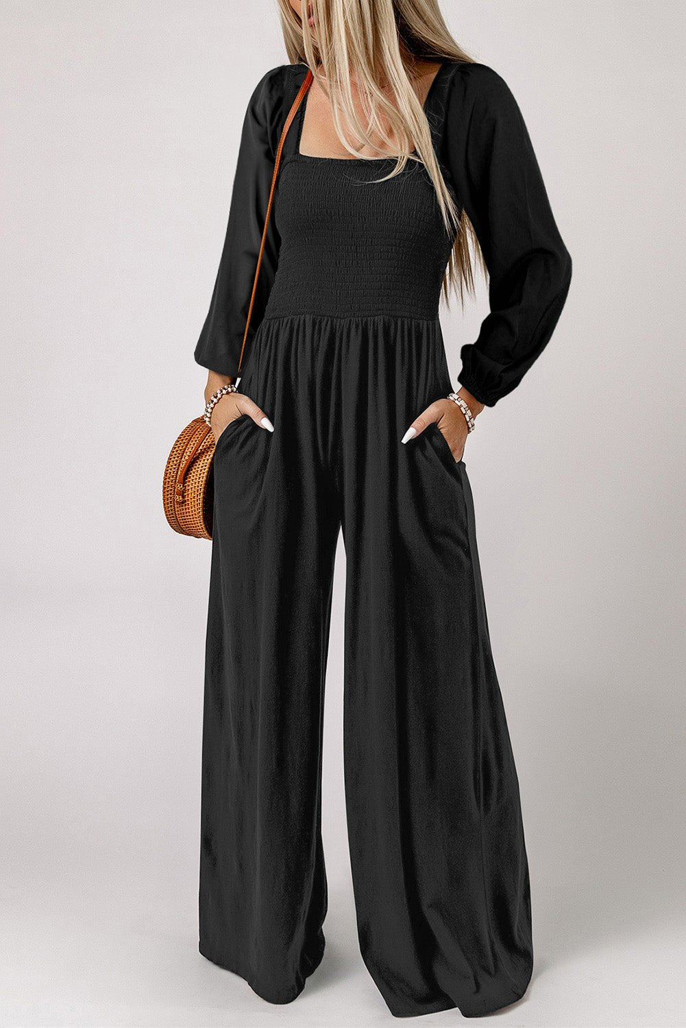 Square Neck Raglan Sleeve Jumpsuit with Pocket - ViarousViarousViarous