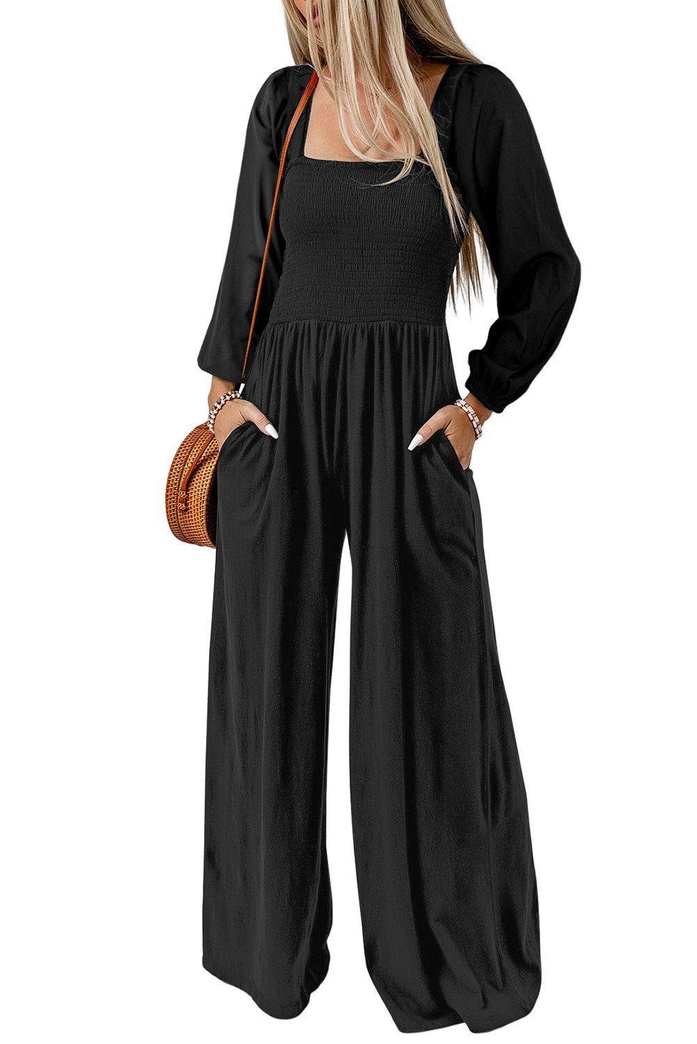 Square Neck Raglan Sleeve Jumpsuit with Pocket - ViarousViarousViarous