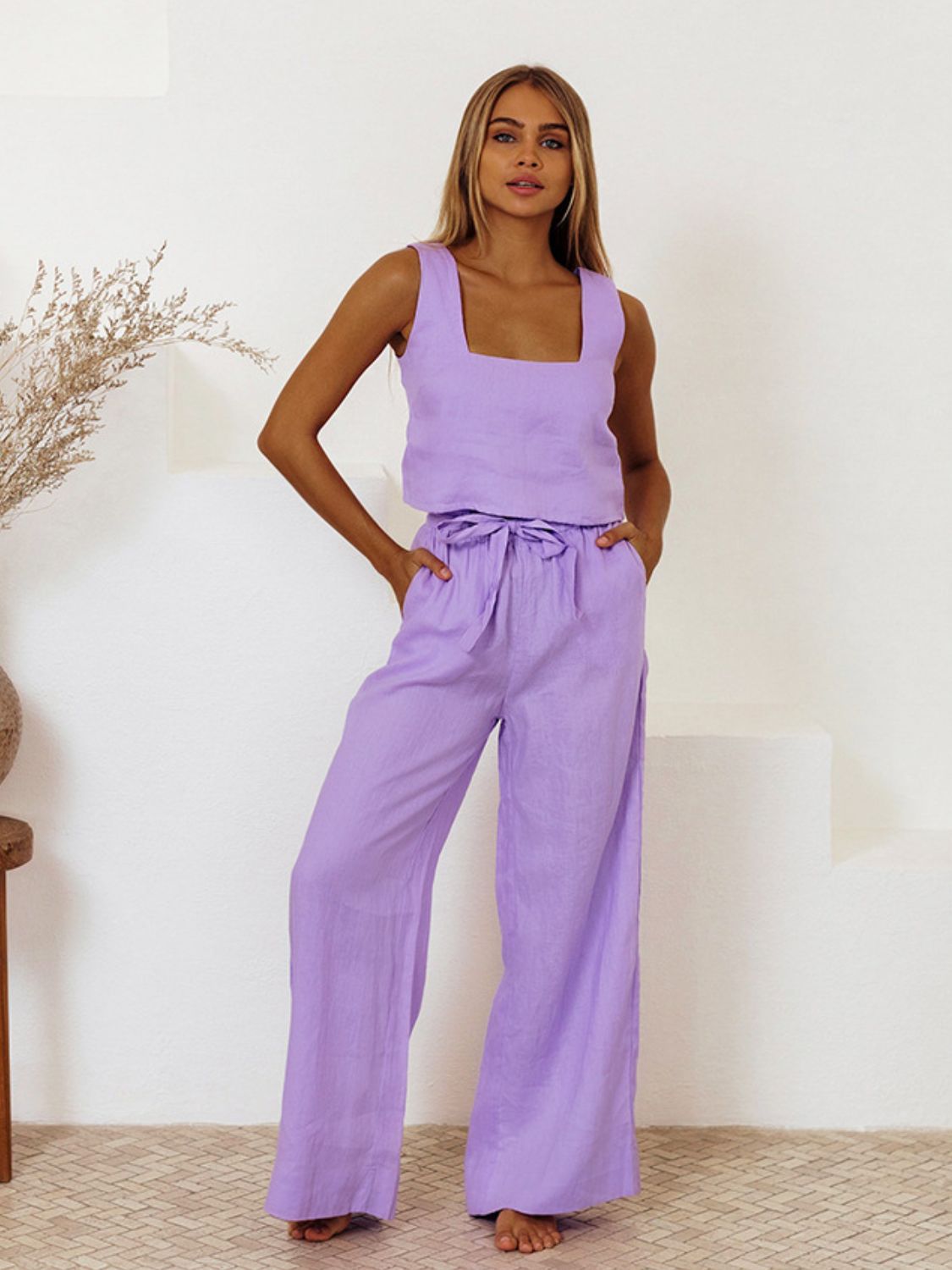 Square Neck Sleeveless Top and Pants Set - ViarousViarousViarous
